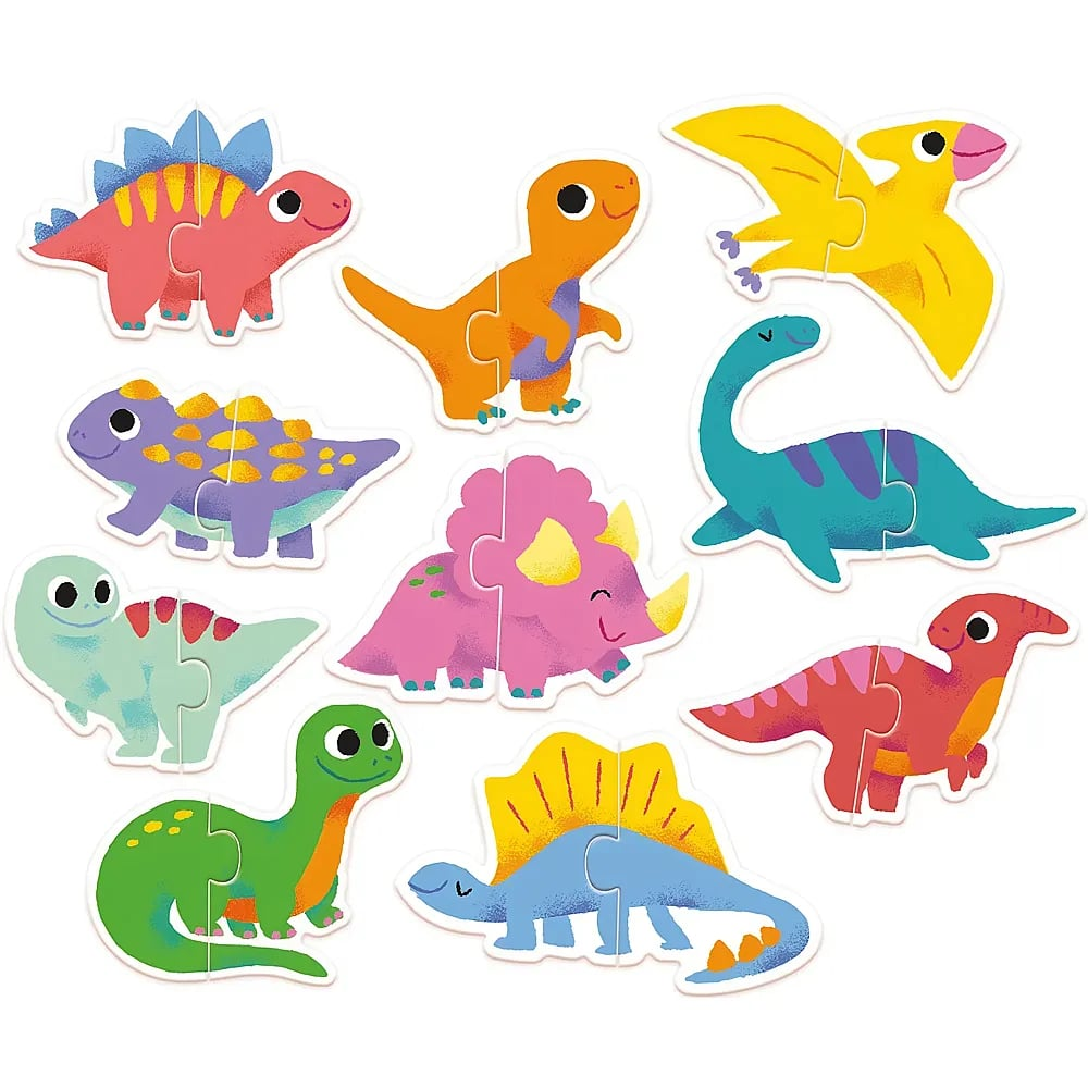 Bunte, zweiteilige Dinosaurier-Puzzles auf weißem Hintergrund.