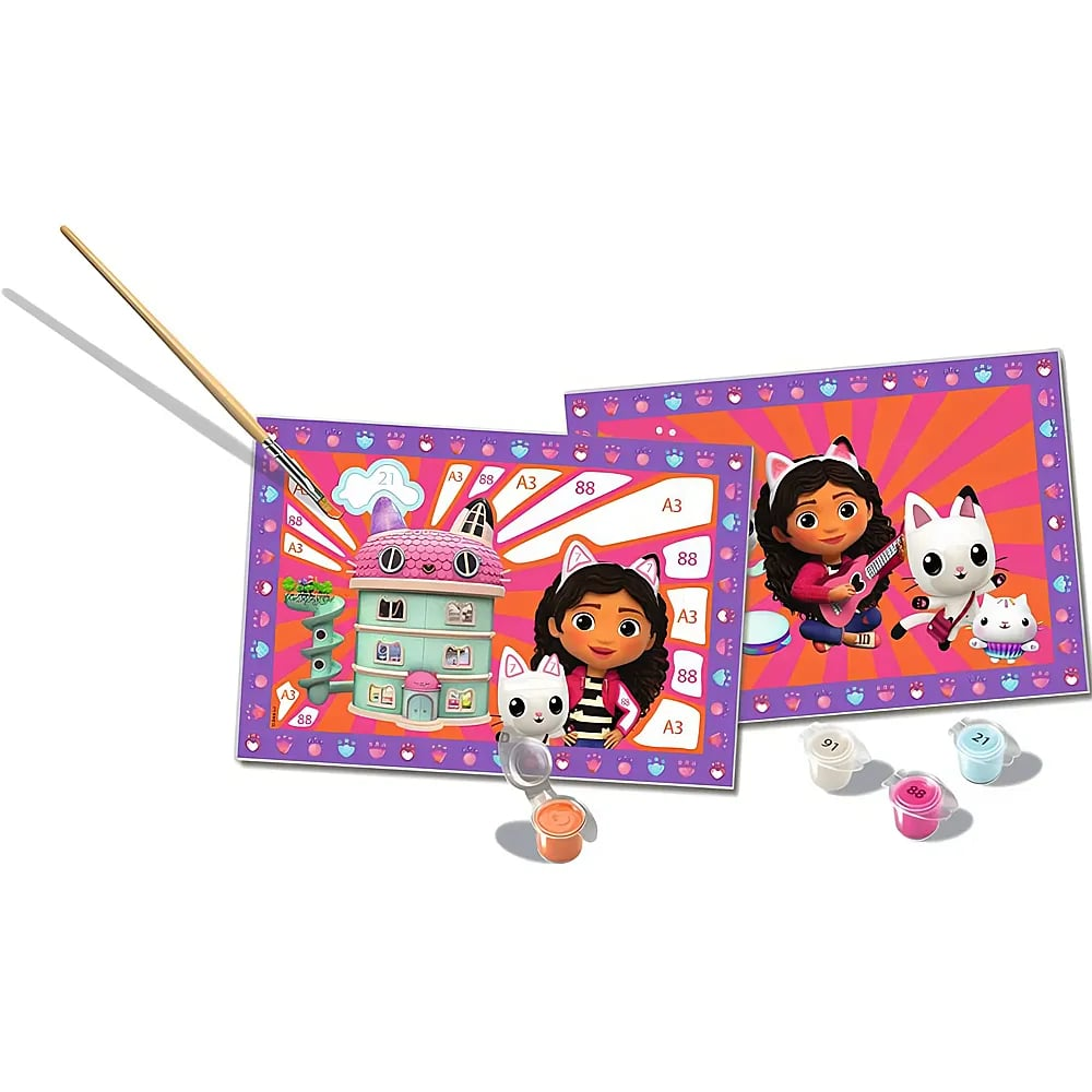Set de pintura por números de Gabby's Dollhouse con dos cartones, pincel y botes de pintura.
