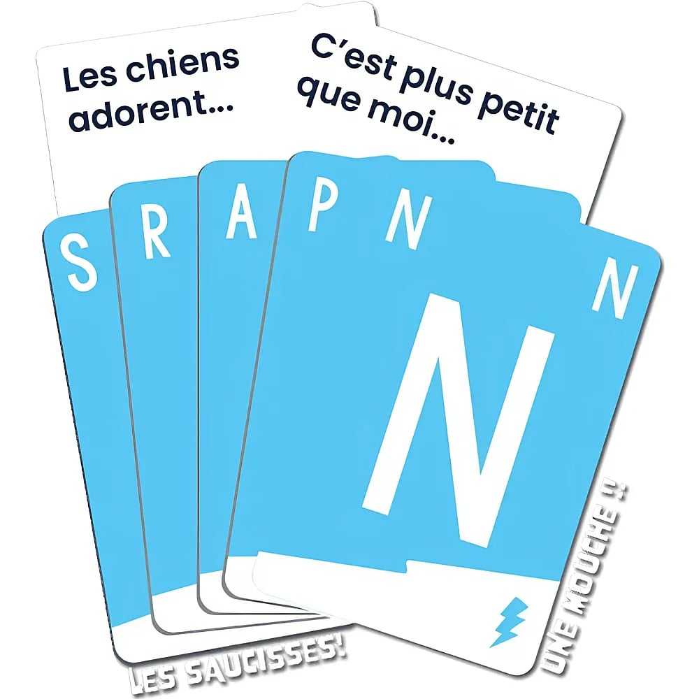 Blaue und weiße Spielkarten mit französischem Text und Buchstaben auf weißem Hintergrund.