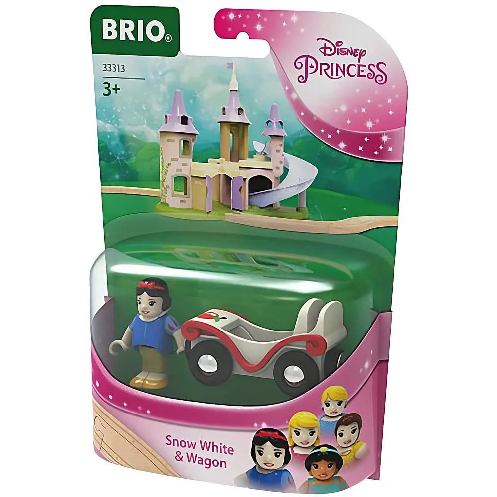 Set Brio Principesse Disney Biancaneve con carrozza in legno, sfondo castello e statuetta.