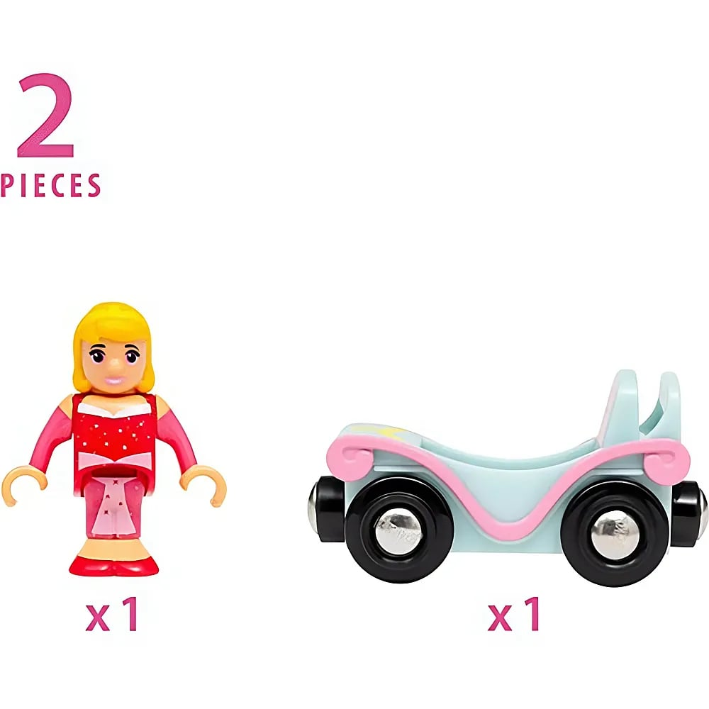 Zwei Teile: eine Puppe mit blonden Haaren in rot-rosa Kleidung und ein blau-rosa Holzauto mit schwarzen Rädern.