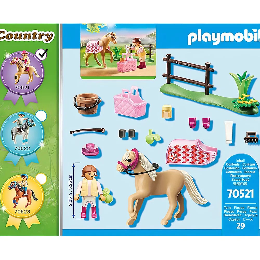 Set Playmobil Country 70521 con cavallo giocattolo, personaggio, staccionata e accessori.