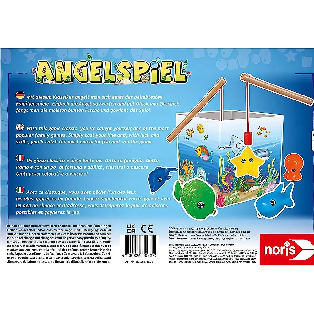 Verpackung des Angelspiel-Brettspiels mit bunten Fischen und Angelruten.