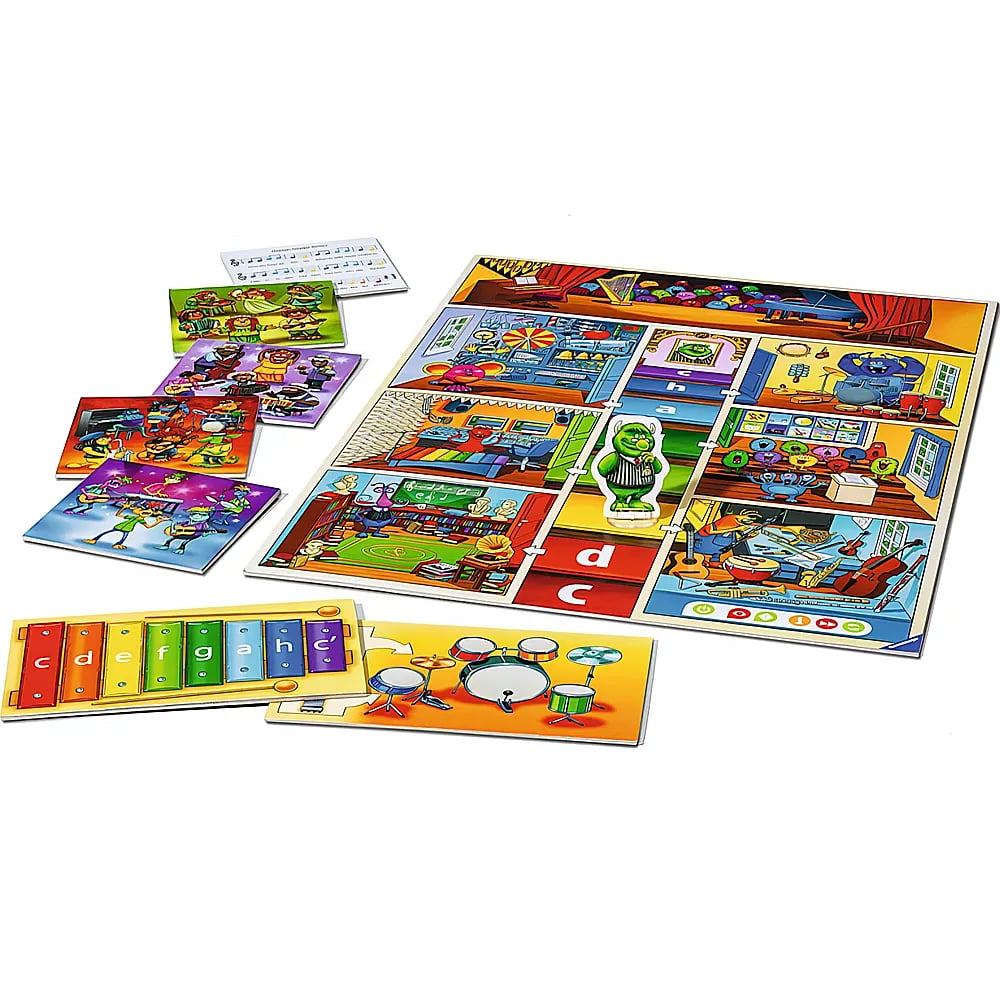 Ein buntes Brettspiel zum Thema Musik mit Karten, einem Xylophon und Spielfiguren auf weißem Hintergrund.