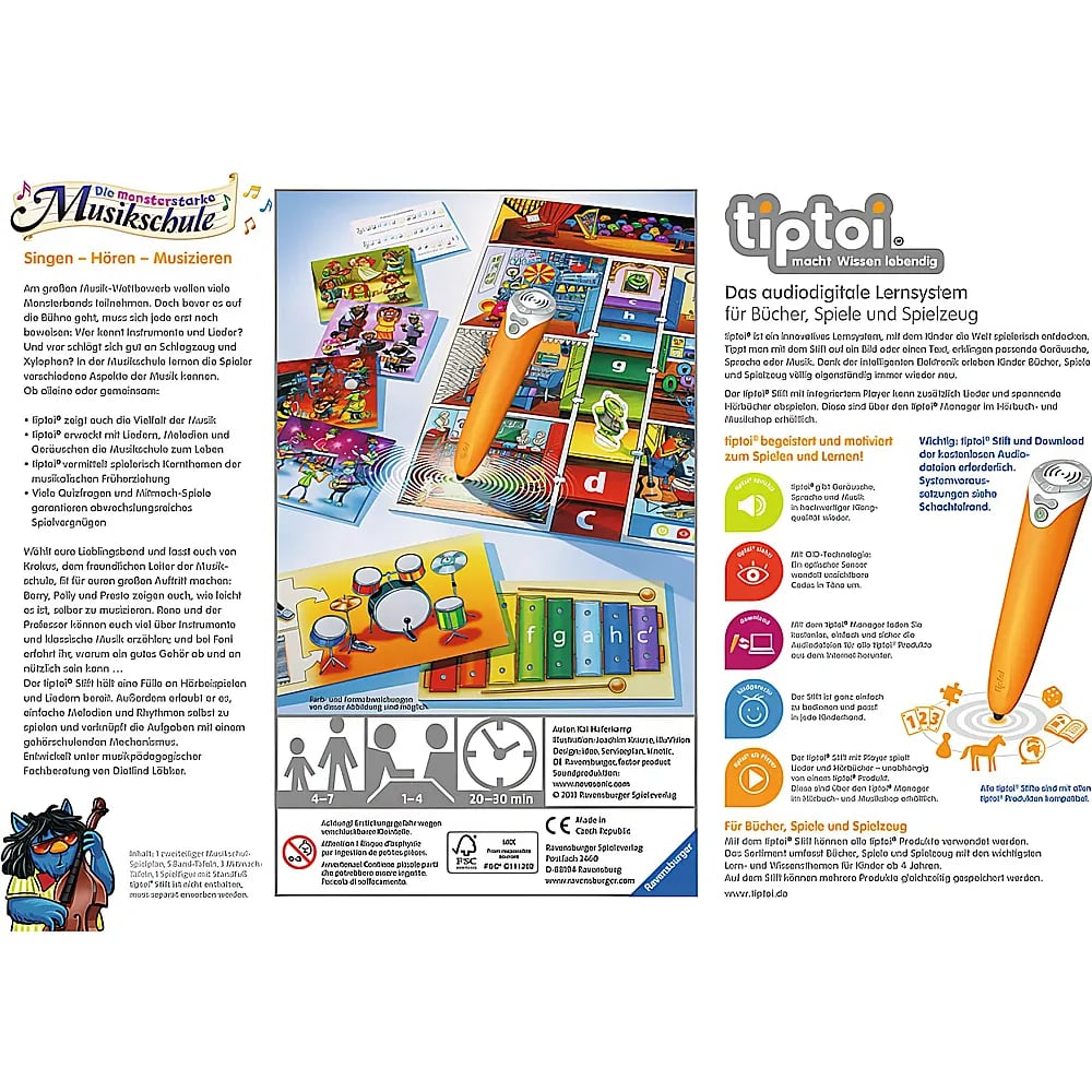 Tiptoi Lernspiel 'Die monsterstarke Musikschule' mit interaktivem Stift, Noten und Musikinstrumenten.