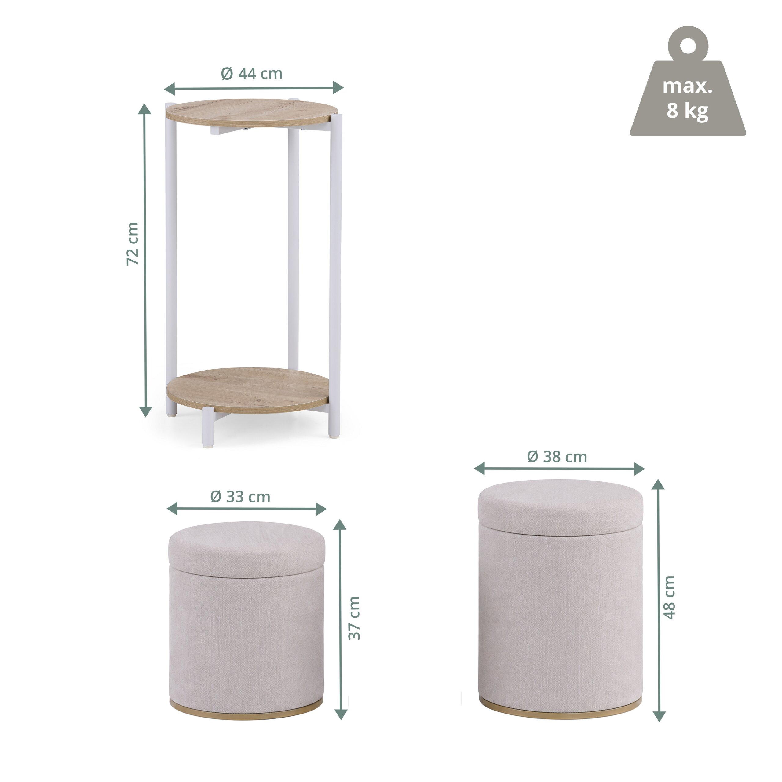 Diagramm mit einem zweistöckigen Holzbeistelltisch und zwei hellen Polsterhockern mit Maßen und Gewicht.