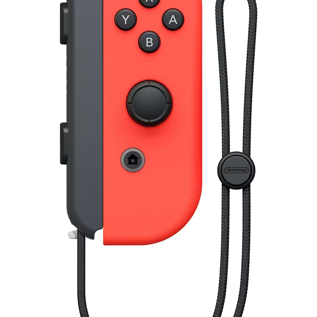 Controller Joy-Con rosso per Nintendo Switch con cinturino da polso nero su sfondo bianco.
