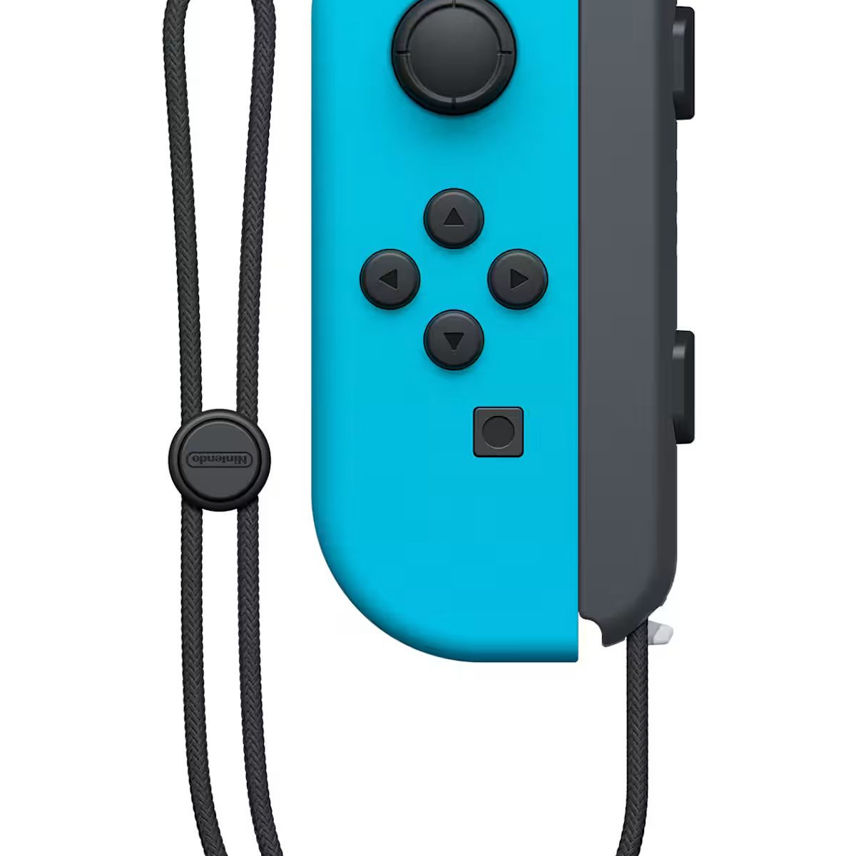 Ein blauer Nintendo Switch Joy-Con Controller mit schwarzem Handgelenkriemen auf weißem Hintergrund.
