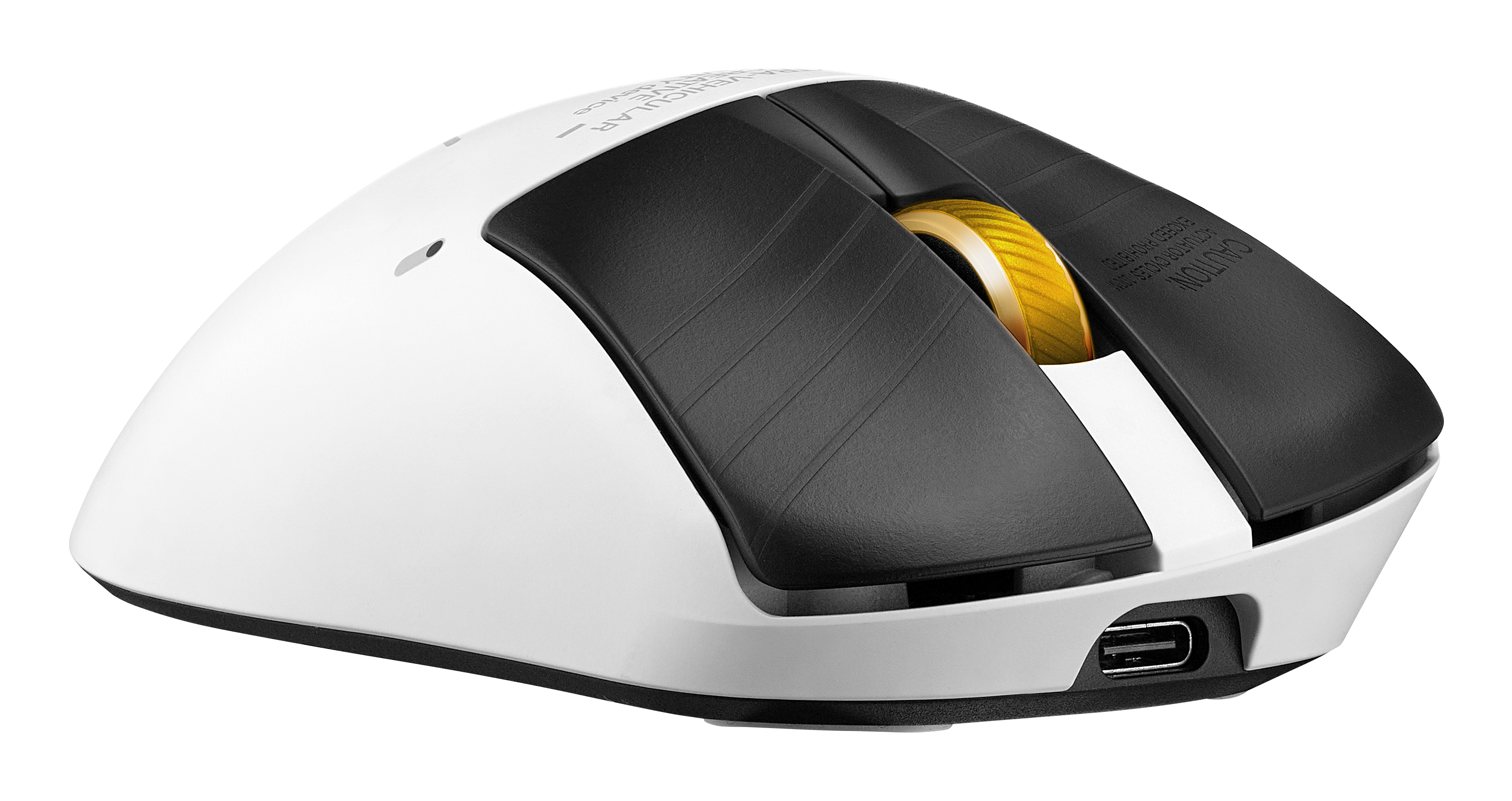 Un mouse per computer bianco con pulsanti neri e rotella di scorrimento dorata su sfondo bianco.