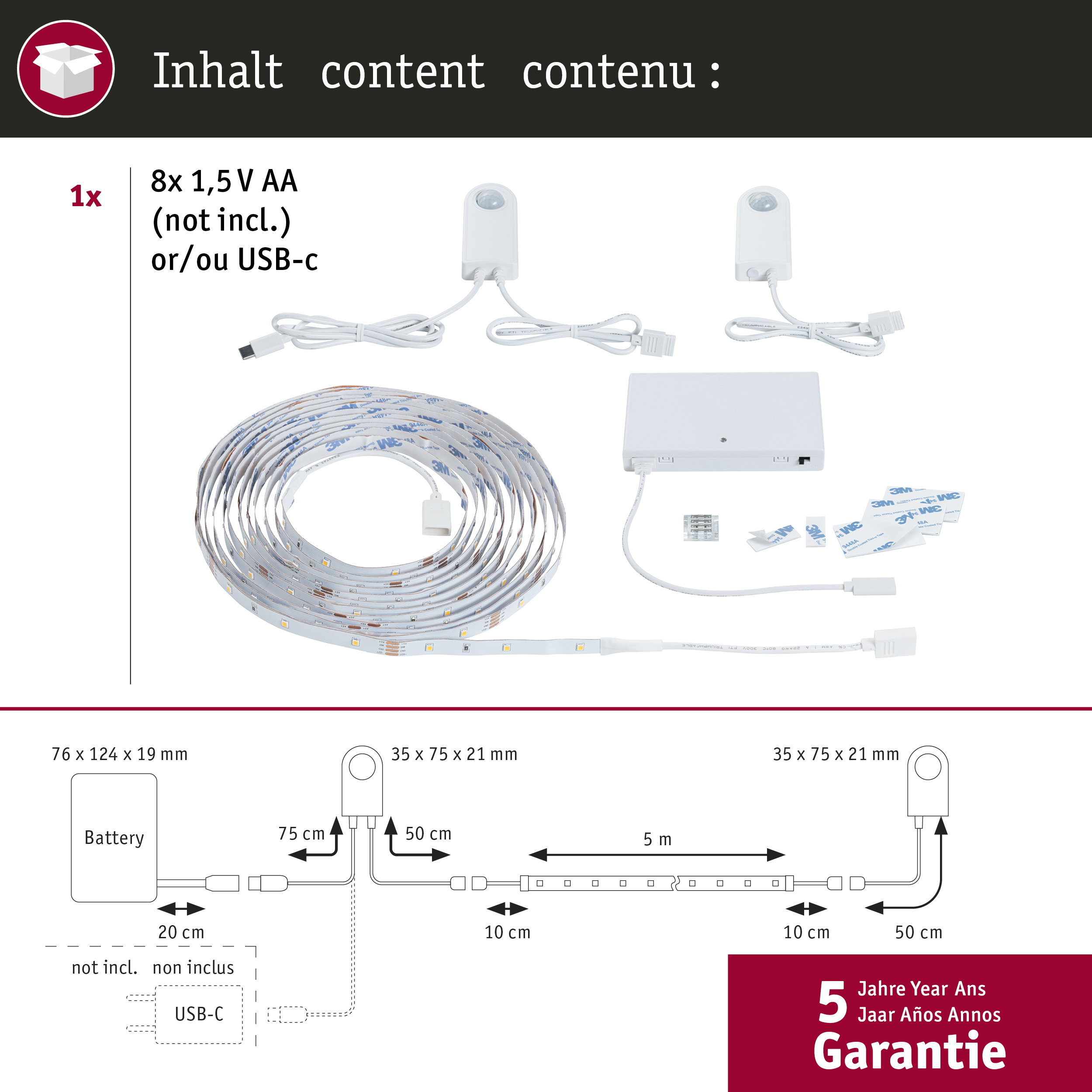 LED-Streifen-Set mit Sensoren, Batteriefach und USB-Kabel, inklusive Maßen und Garantiehinweis.