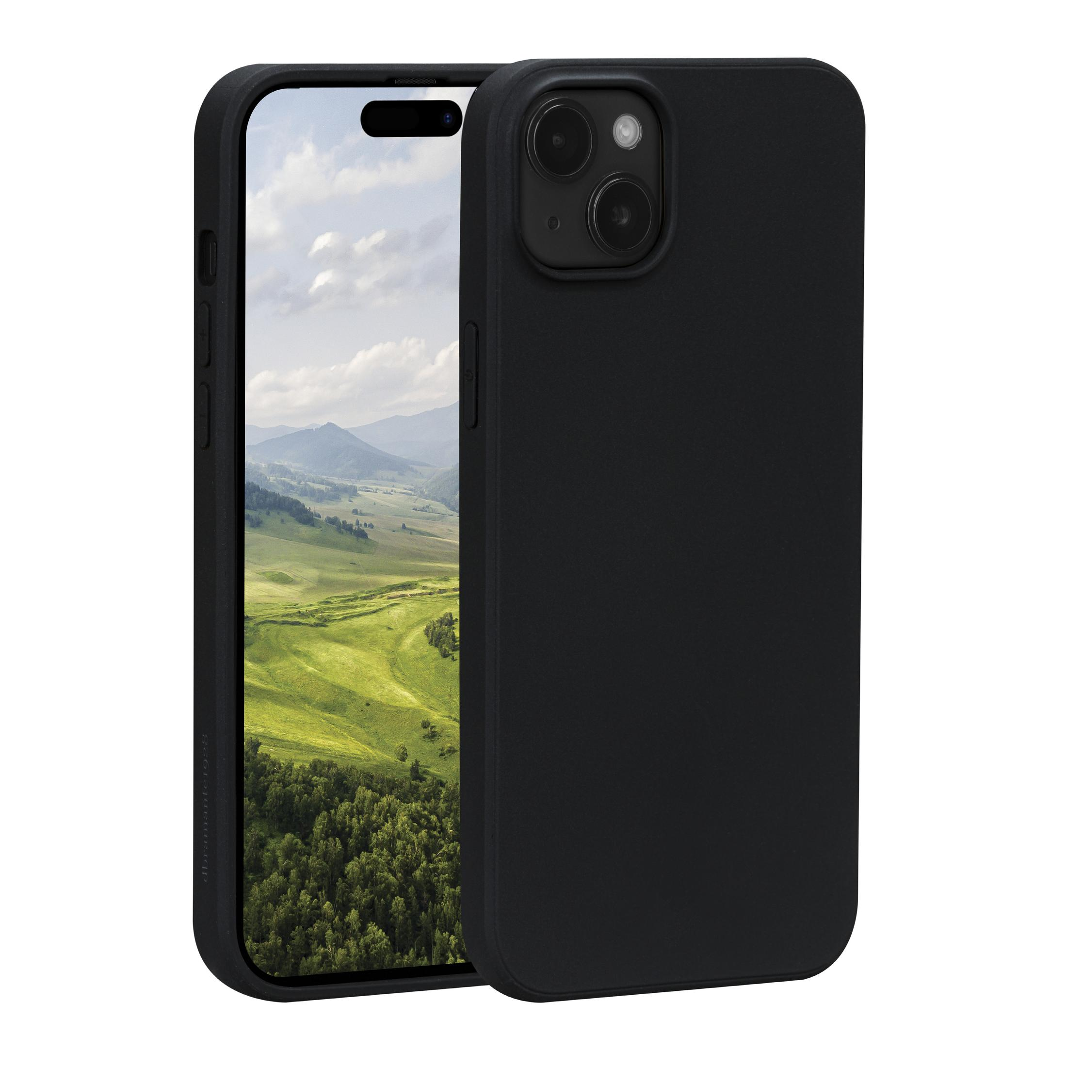 Zwei schwarze Smartphones in Hüllen, Vorderansicht mit Landschaft, Rückansicht mit Dual-Kamera.