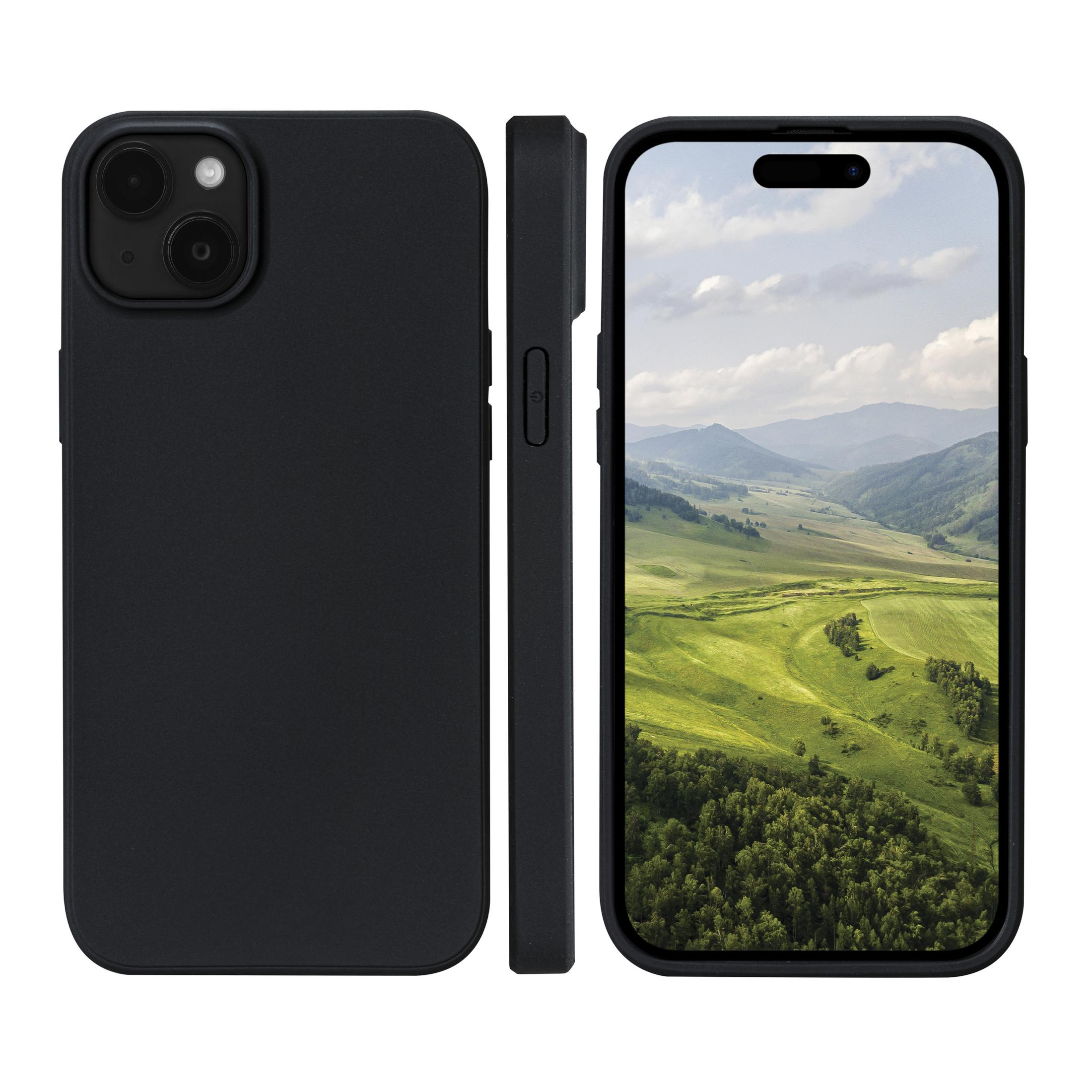 Drei Ansichten eines schwarzen Smartphones mit Hülle, die die Rückseite, Seite und Vorderseite mit Landschaft zeigen.