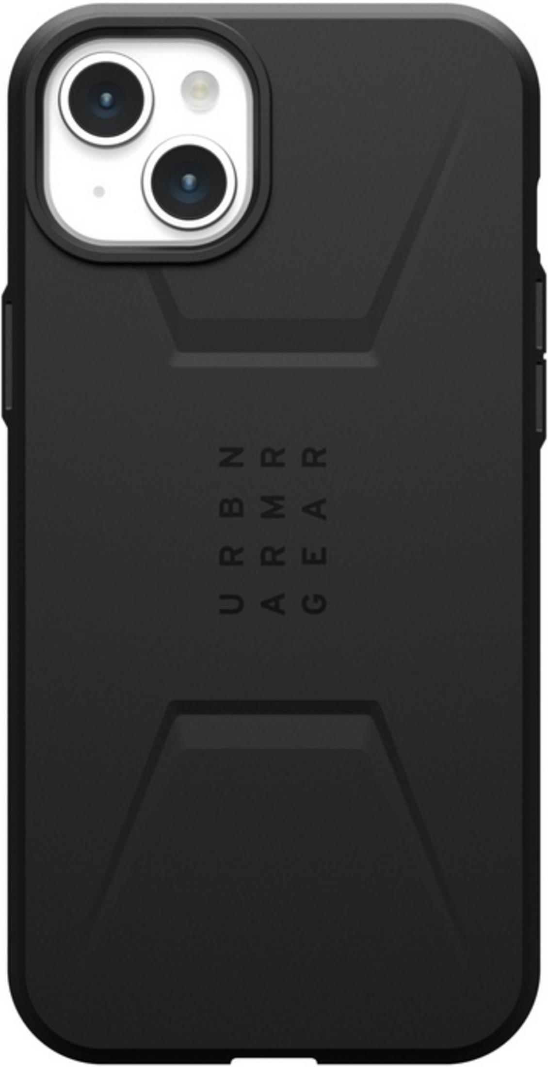 Funda de móvil UAG negra que muestra la parte trasera con doble cámara y logo.