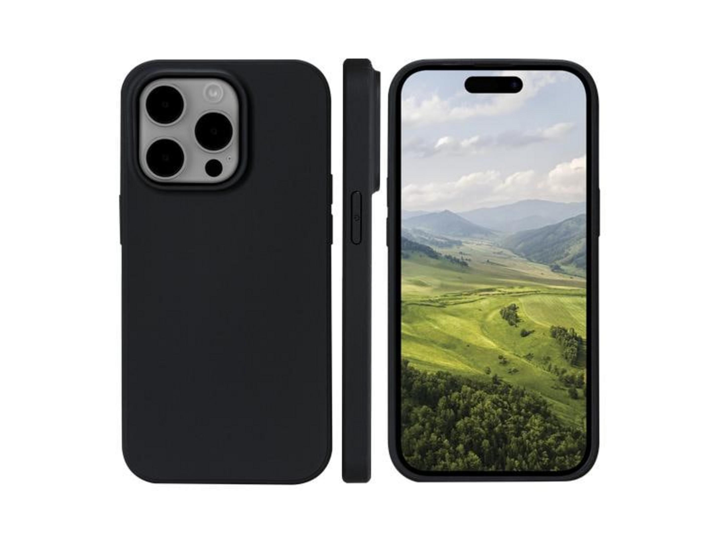 Ein schwarzes Smartphone mit Hülle zeigt ein grünes Tal auf dem Bildschirm und die Rückseite mit Kameras.