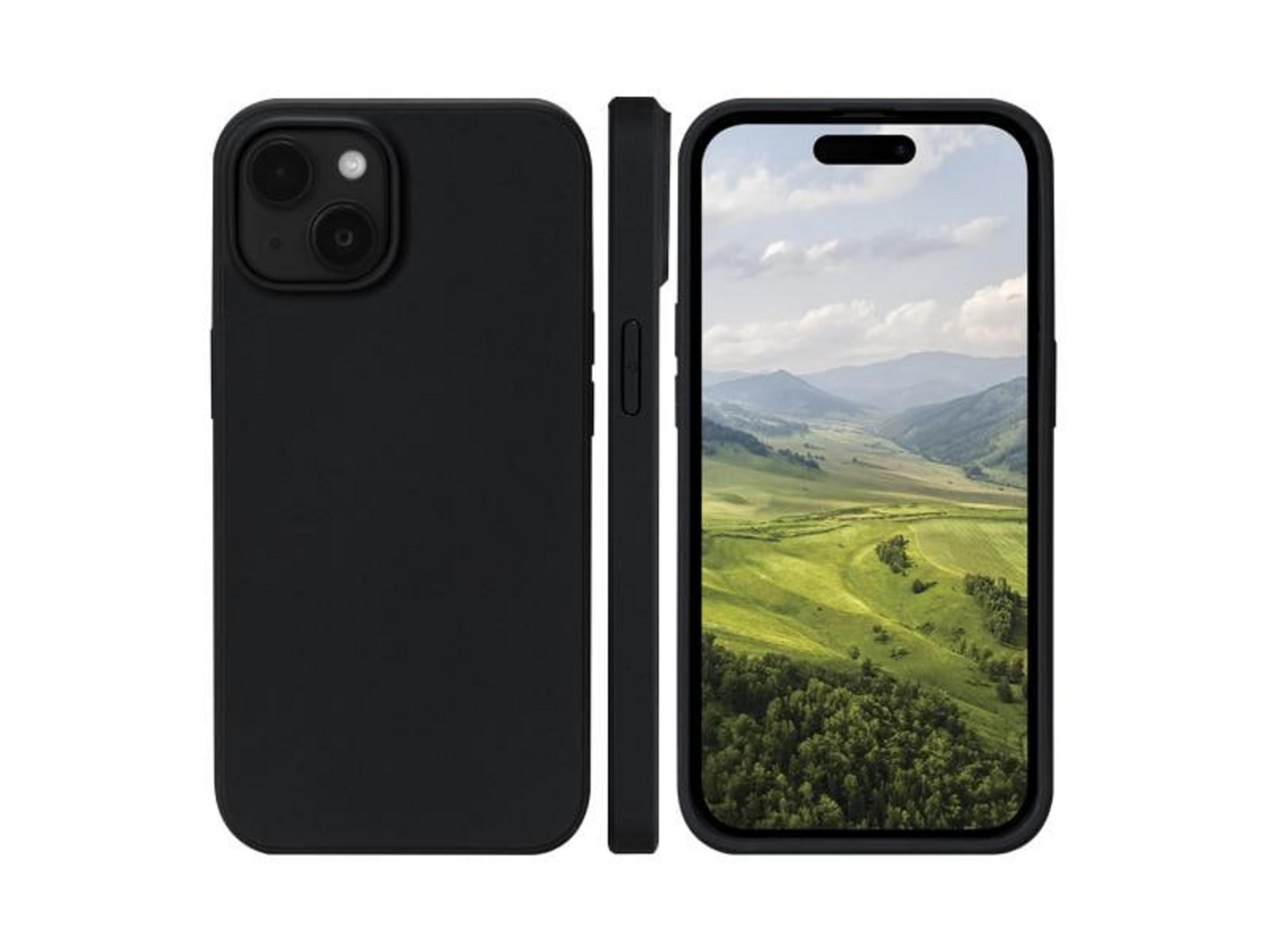 Uno smartphone nero con custodia, mostrato da dietro, di lato e di fronte con sfondo paesaggistico.