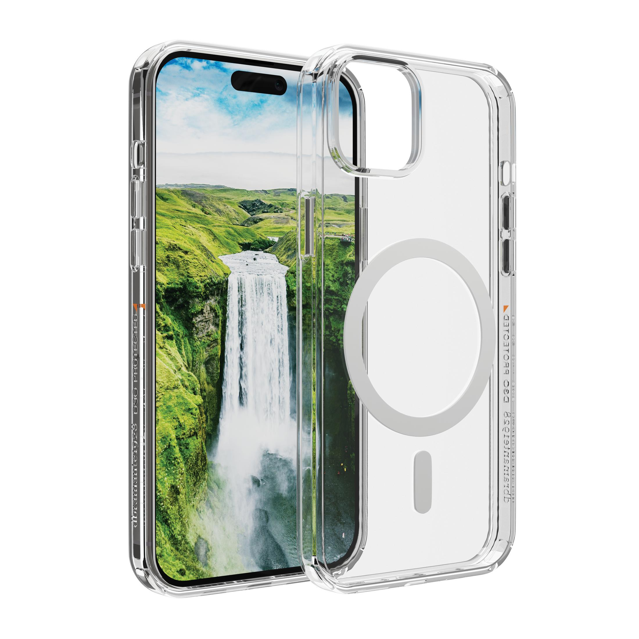 Eine transparente Handyhülle mit MagSafe-Ring neben einem Telefon mit Wasserfall-Hintergrund.