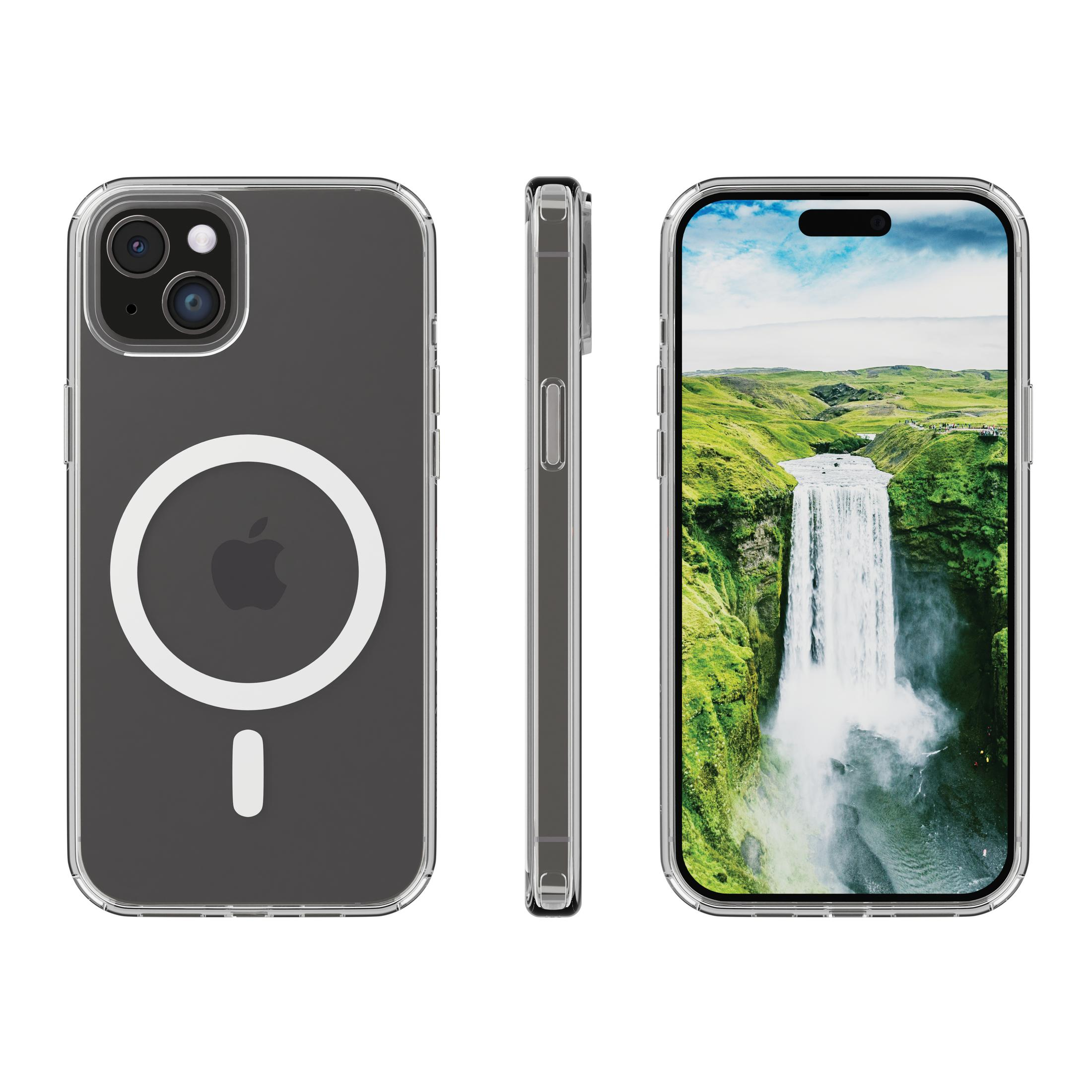 Drei Ansichten einer klaren Smartphone-Hülle mit MagSafe-Ring und einer angezeigten Wasserfall-Landschaft.