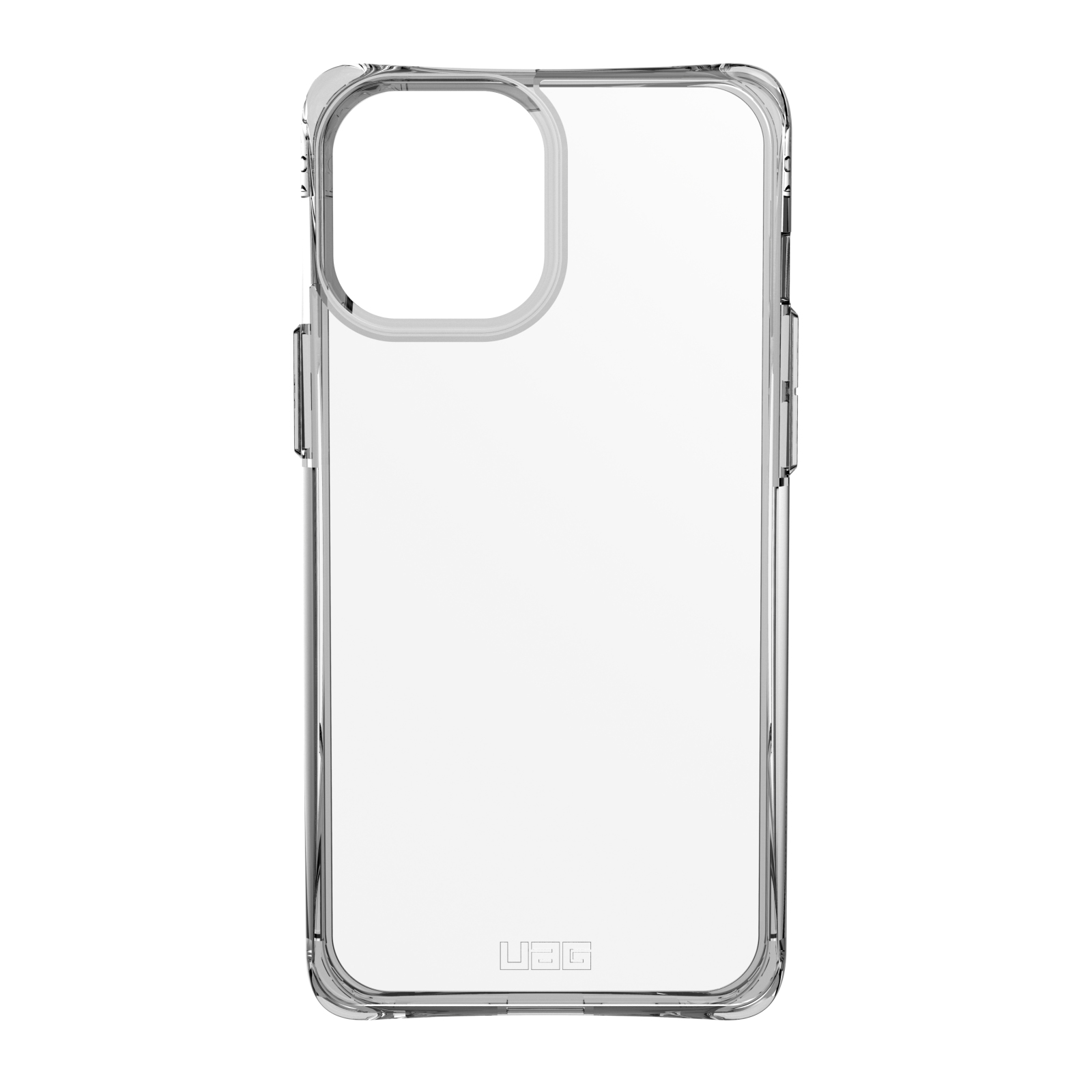 Una funda protectora transparente para smartphone con aberturas para la cámara y los botones sobre fondo blanco.