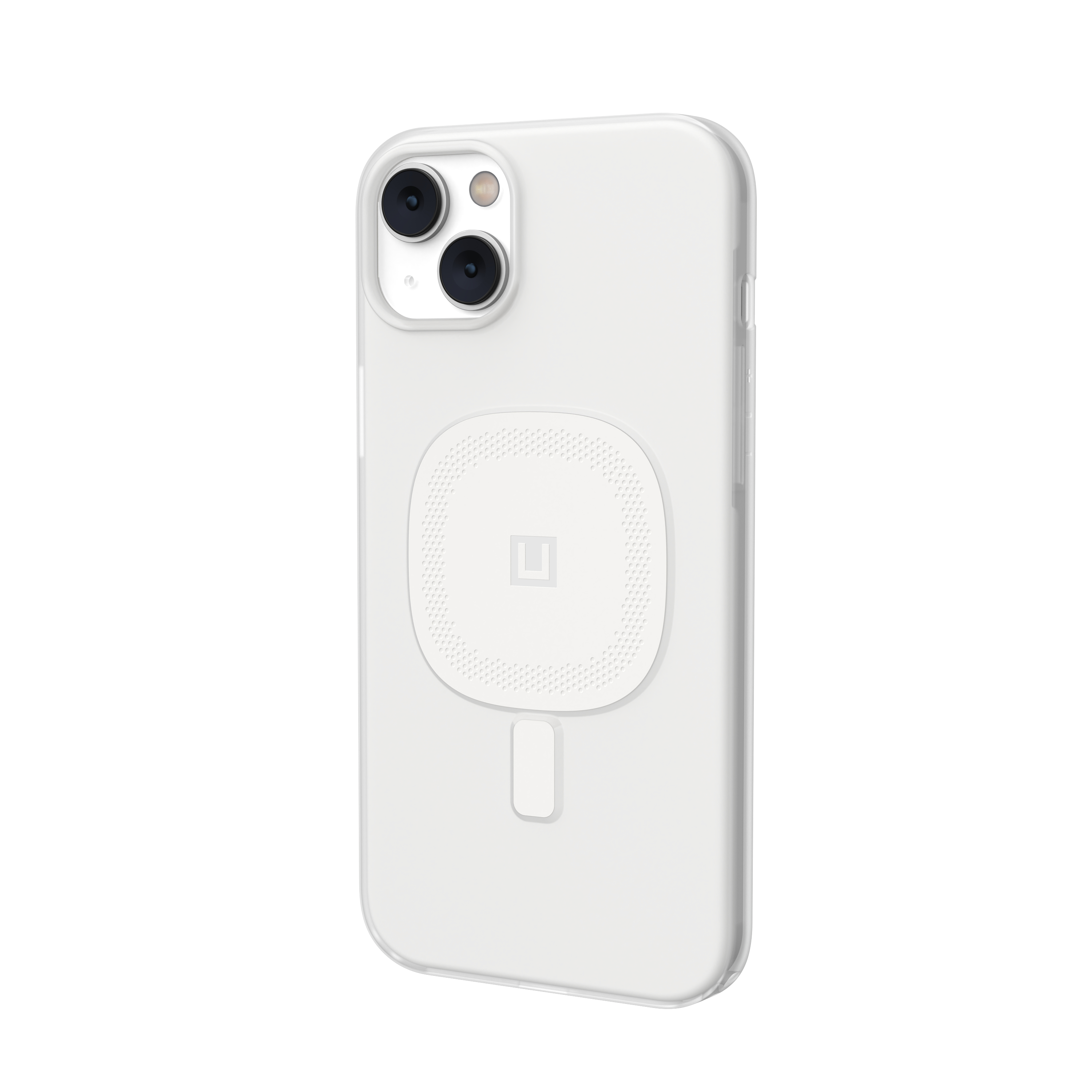 Uno smartphone bianco in una custodia protettiva con area di ricarica circolare sul retro.