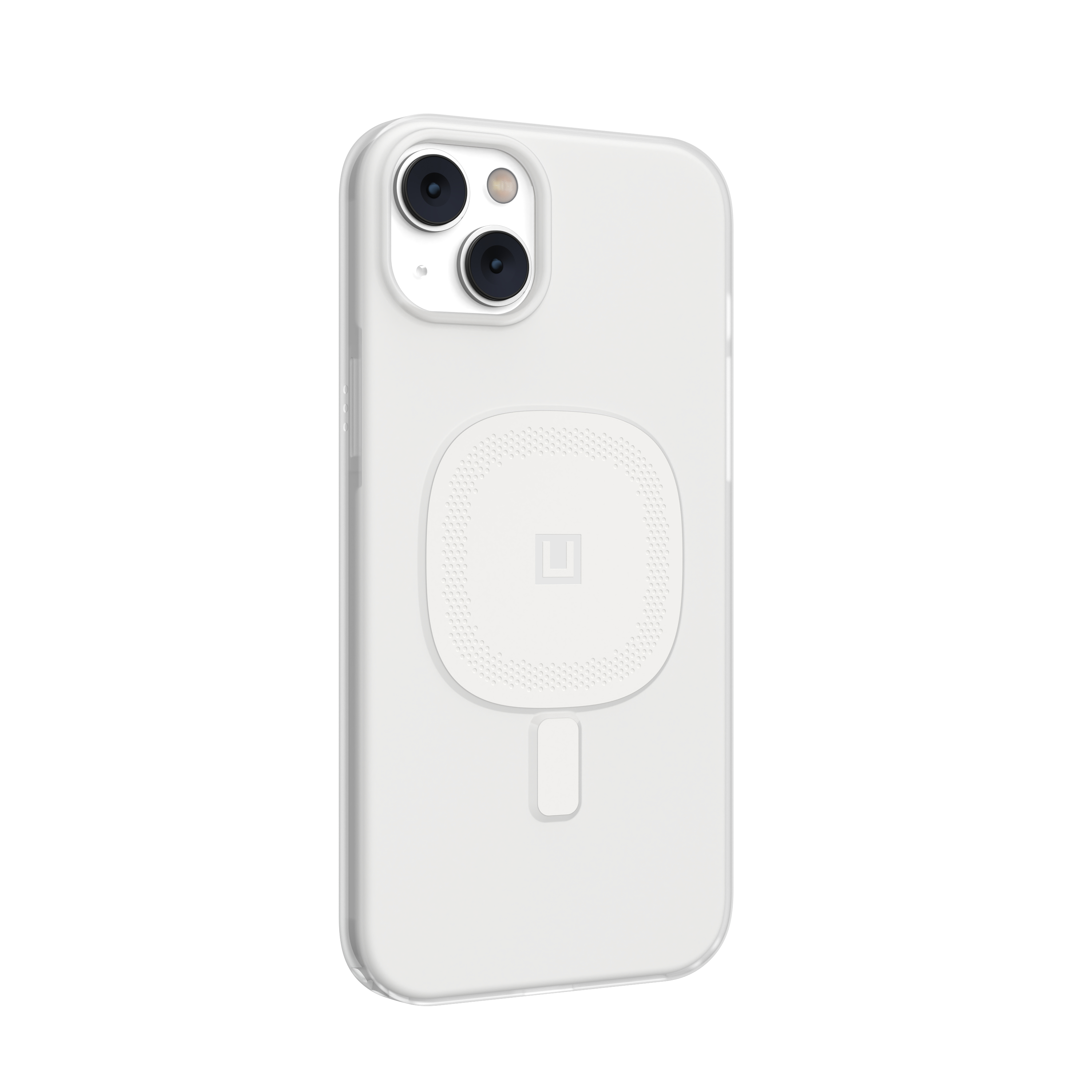 Smartphone bianco in custodia protettiva traslucida con cerchio di ricarica MagSafe sul retro.