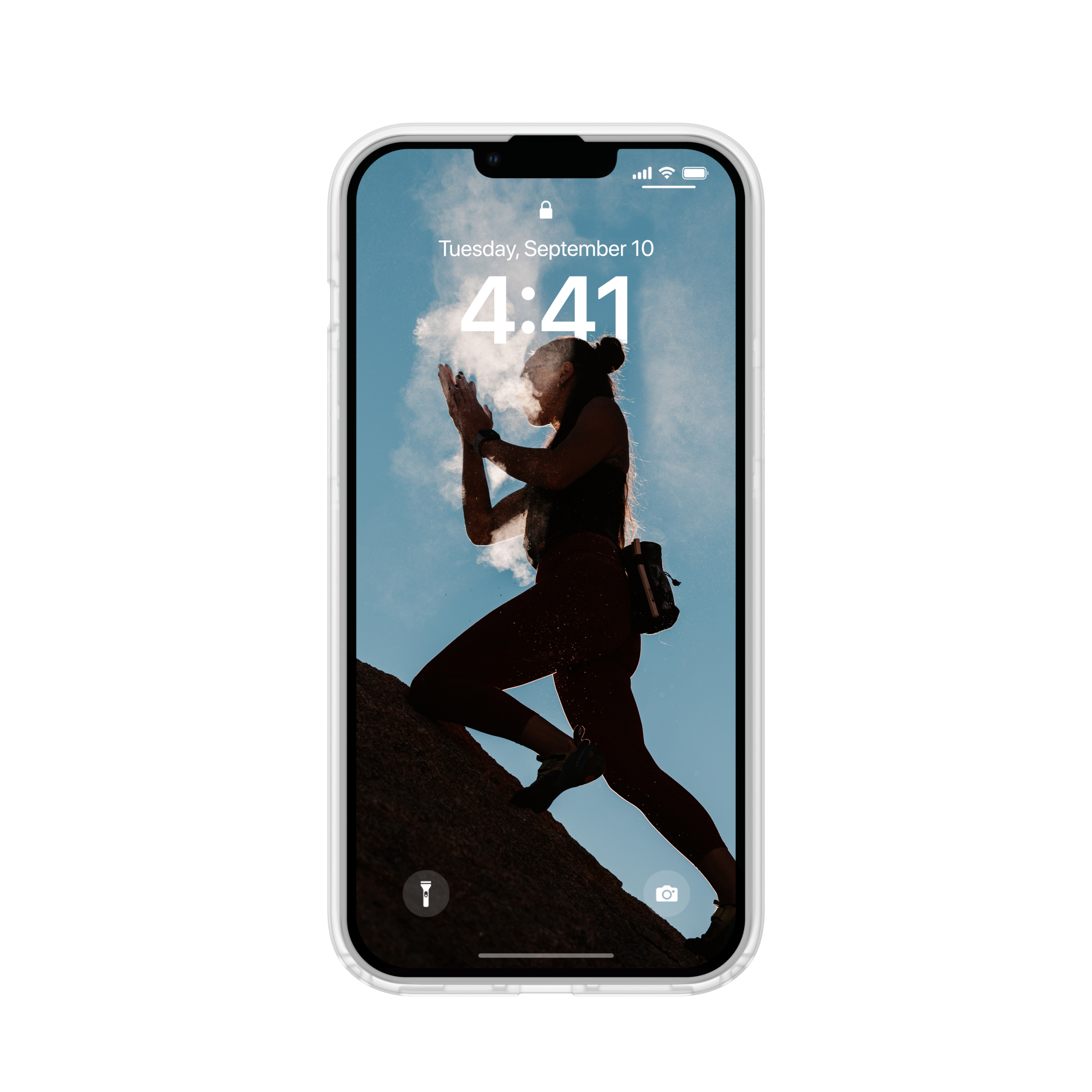 Uno smartphone mostra una schermata di blocco con la silhouette di una scalatrice su un cielo azzurro.