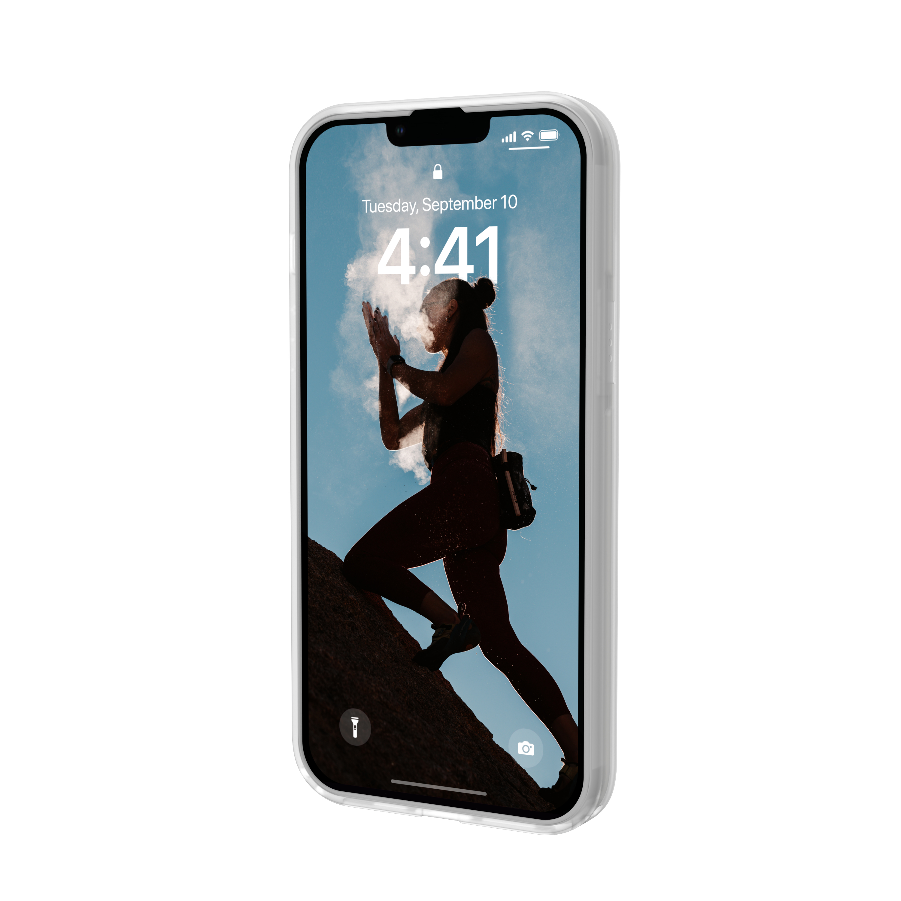 Smartphone in custodia protettiva mostra la schermata di blocco con una donna che scala una roccia.