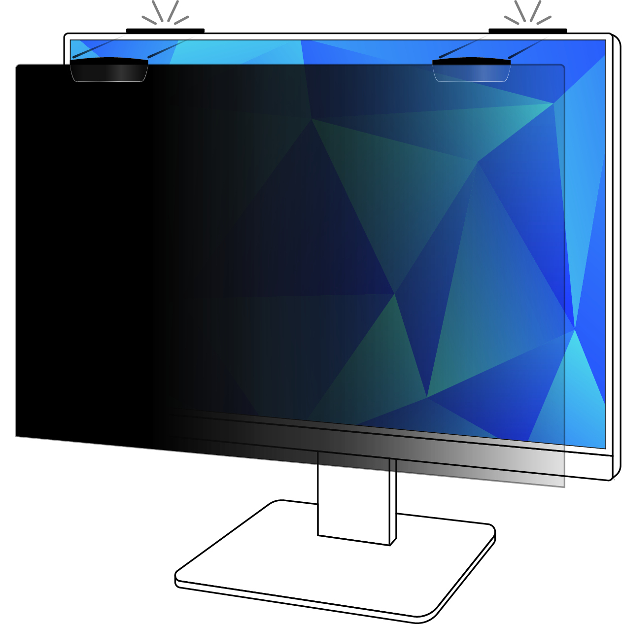 Ein Computermonitor mit einer blau-geometrischen Anzeige und einer schwarzen Sichtschutzfolie oben.
