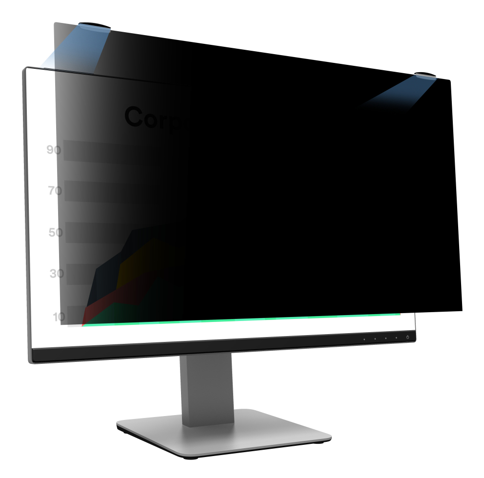 Ein Computermonitor mit einem Datenschutzfilter, der den Bildschirm teilweise verdunkelt.
