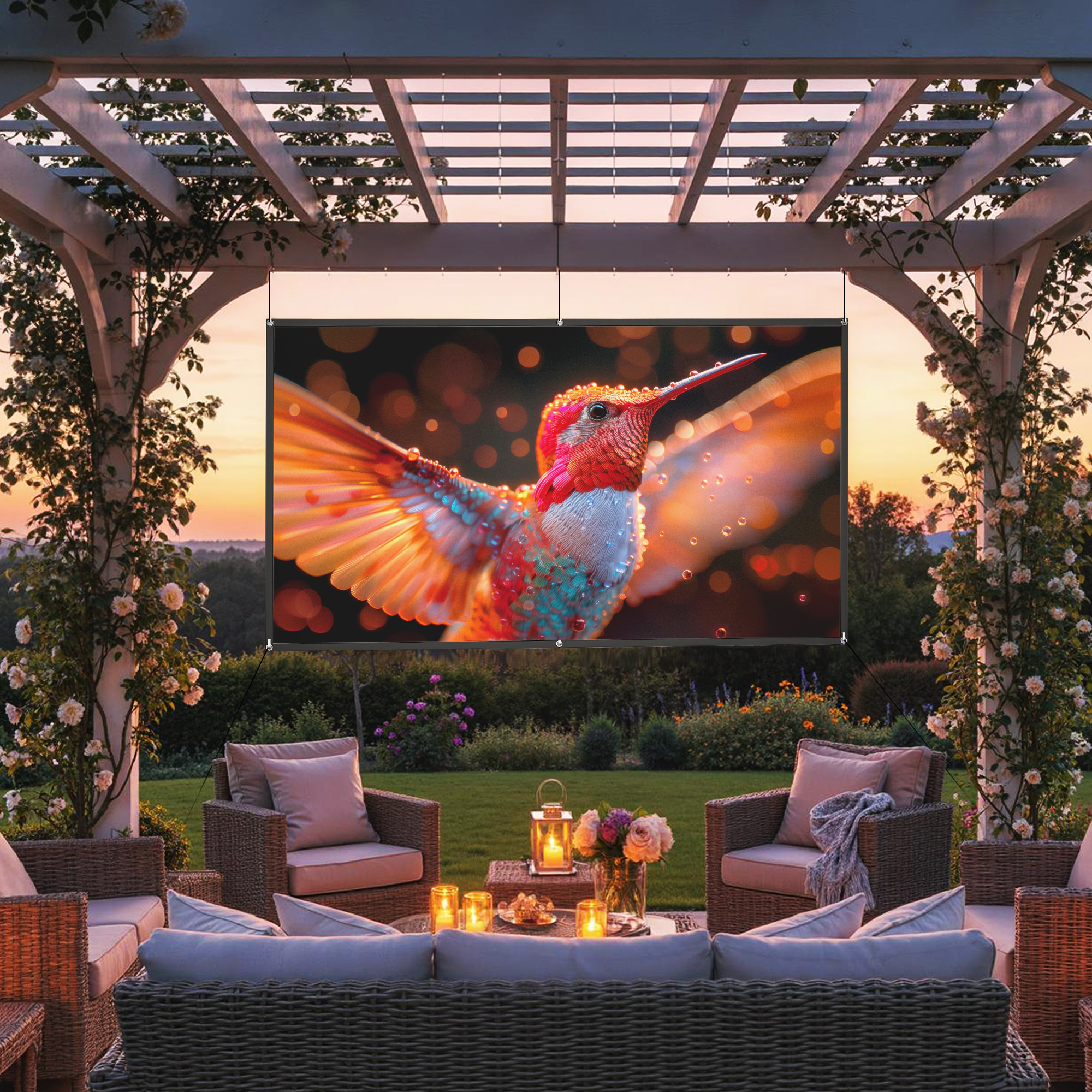 Uno schermo per proiettore con un colibrì è appeso in un pergolato di legno che si affaccia su un giardino.