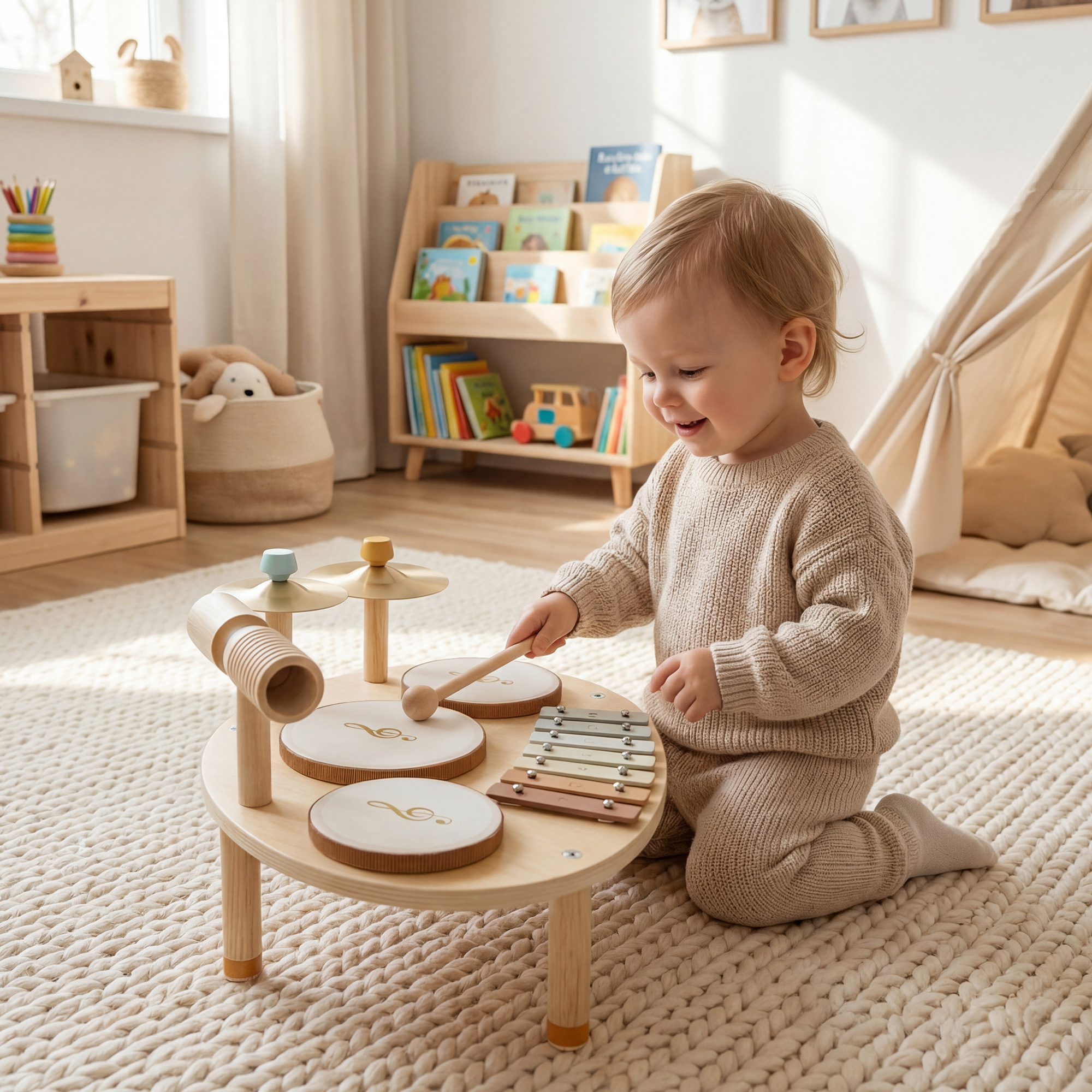 Bambino con maglione beige gioca con un giocattolo musicale in legno in una stanza soleggiata.