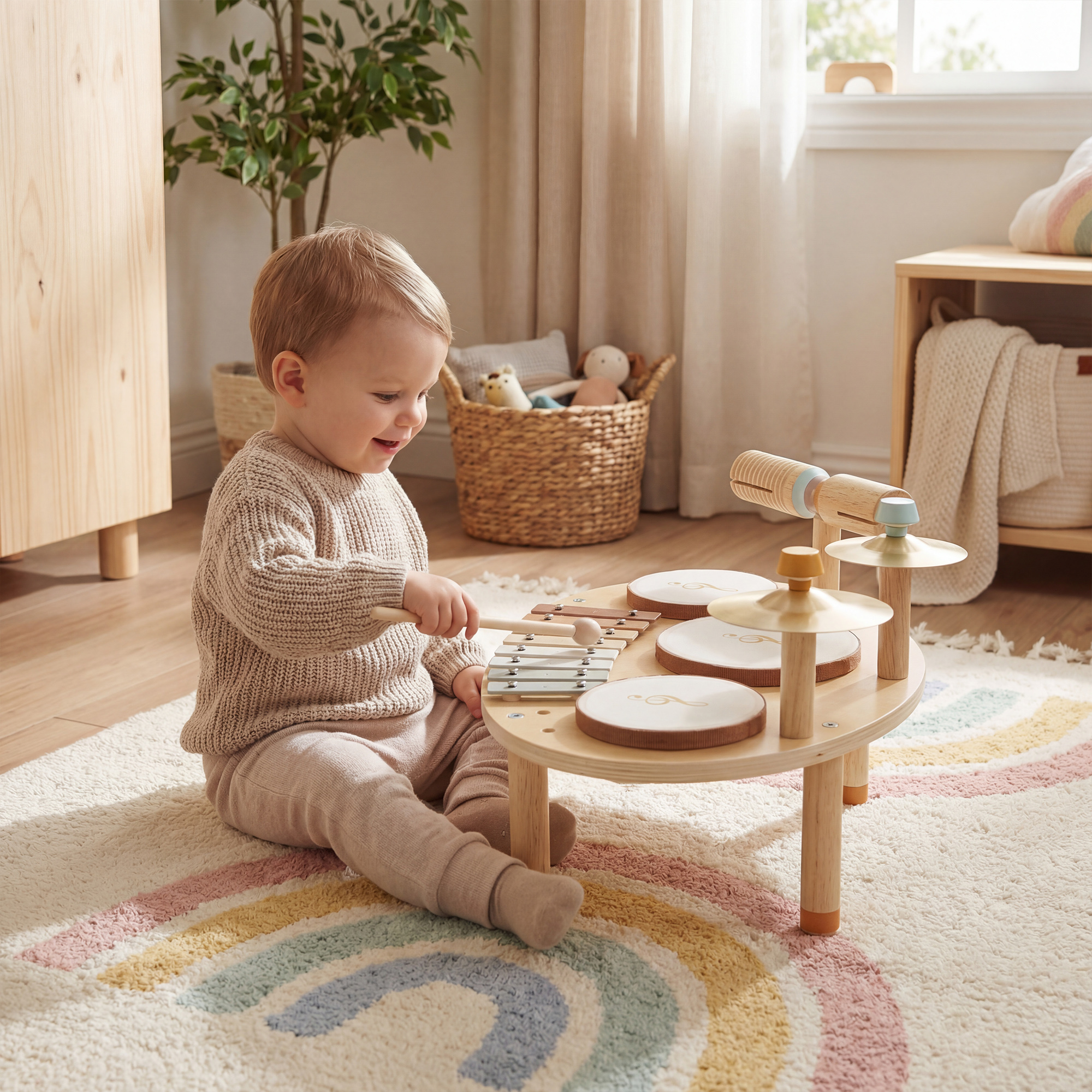 Bambino piccolo con abiti chiari seduto su un tappeto arcobaleno suona uno strumento musicale in legno.