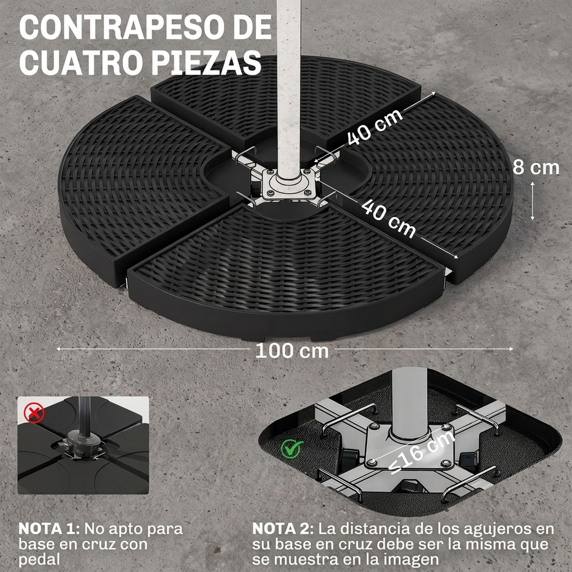 Base de sombrilla negra de cuatro piezas con medidas y notas en suelo gris.