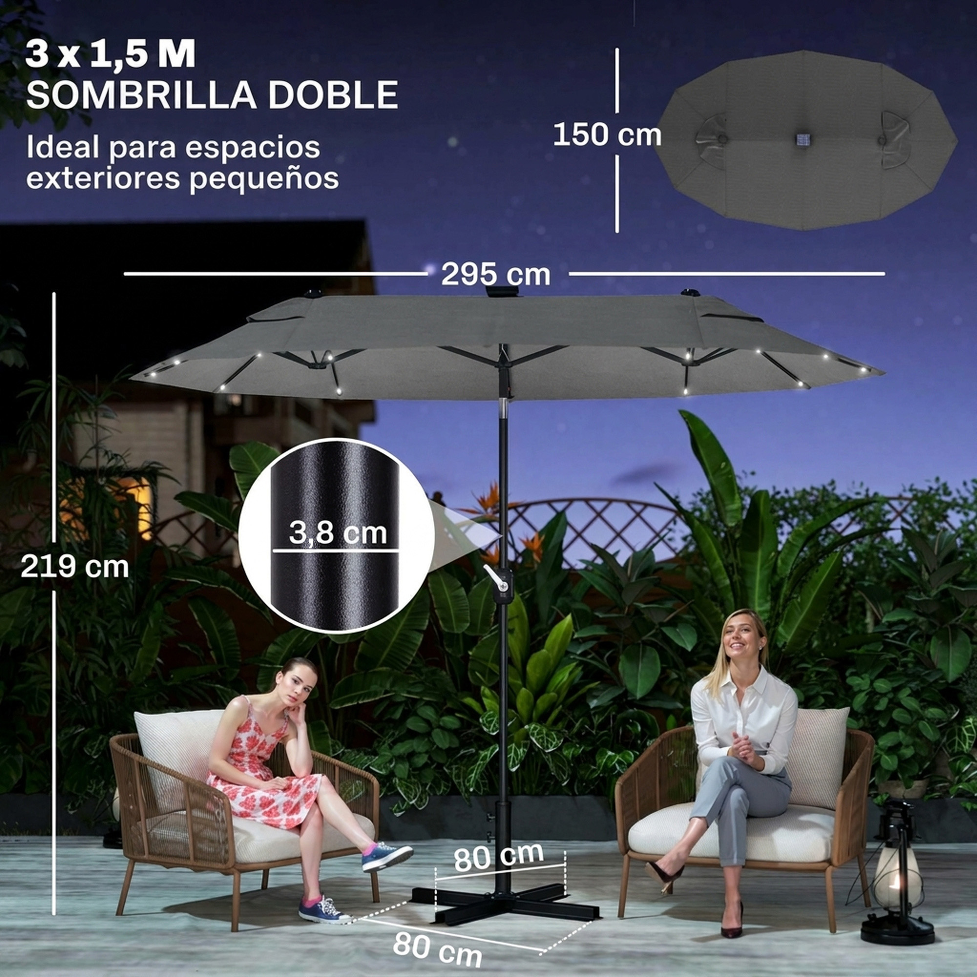 Sombrilla doble gris con dimensiones y dos mujeres en sillones en un jardín.