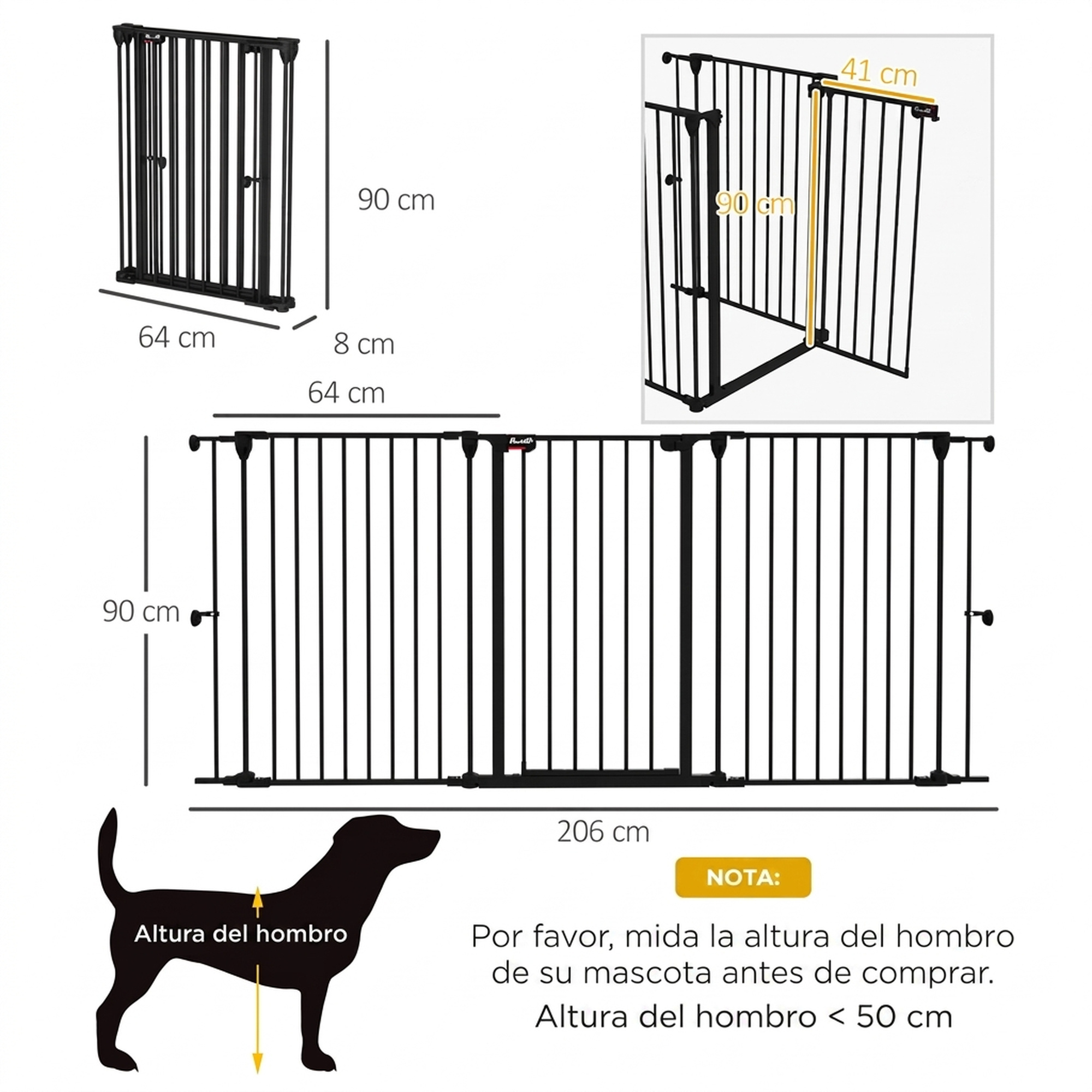 Reja de seguridad negra con dimensiones y silueta de perro para medir altura del hombro.