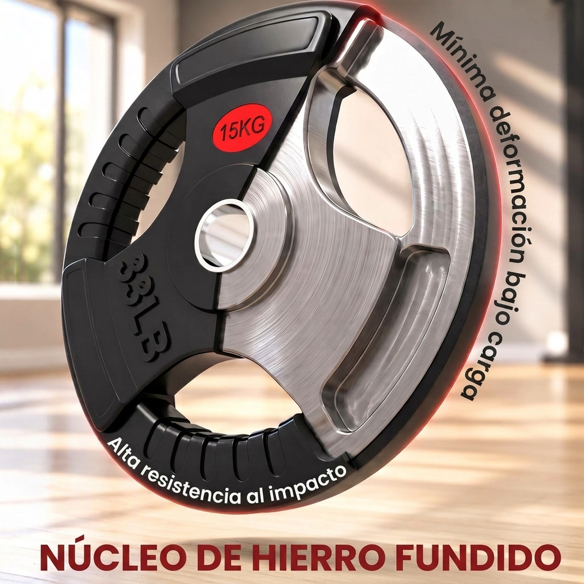 Un disco de pesas de hierro fundido de 15 kg flota en un gimnasio con texto.
