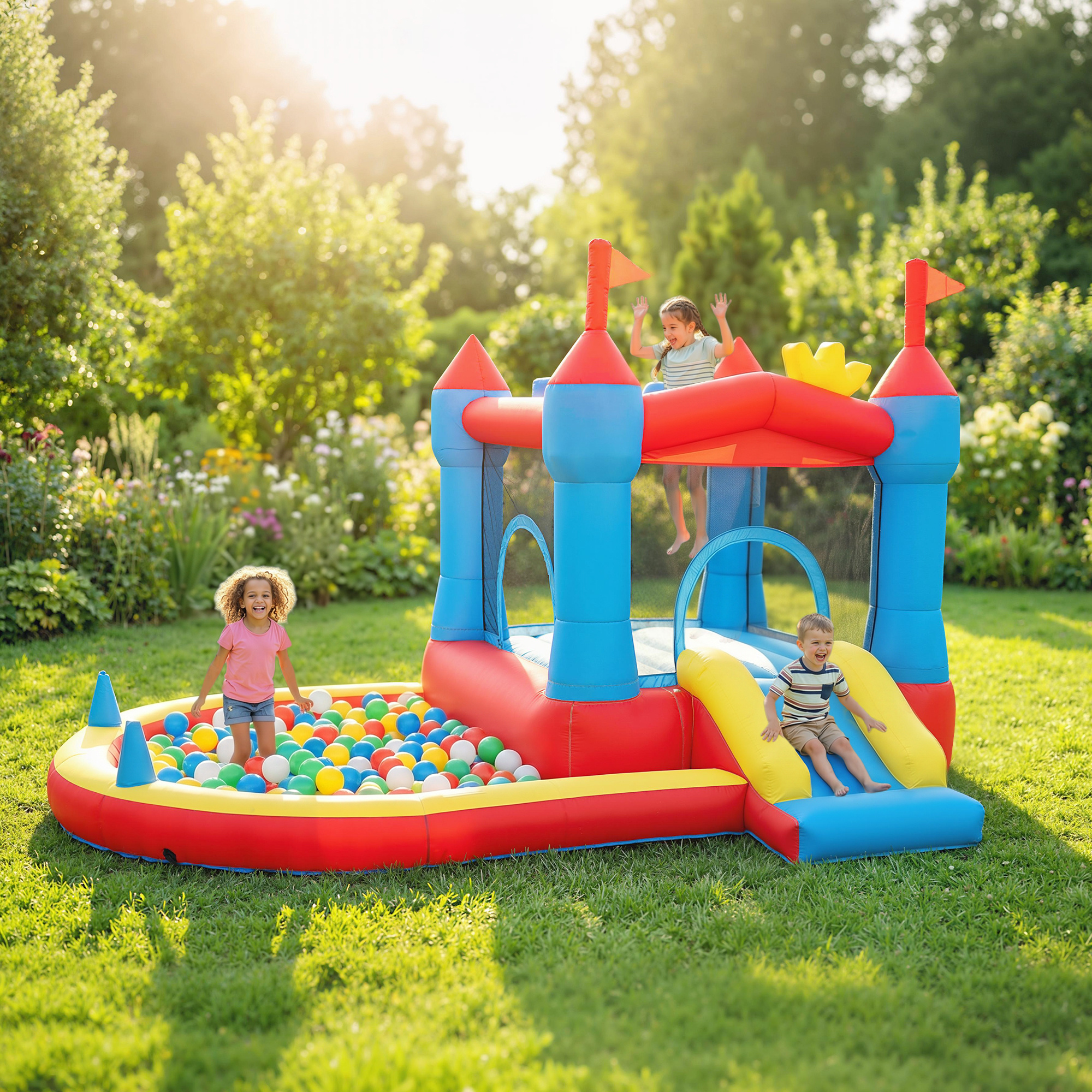 Tre bambini giocano in un colorato castello gonfiabile e piscina di palline sul prato.