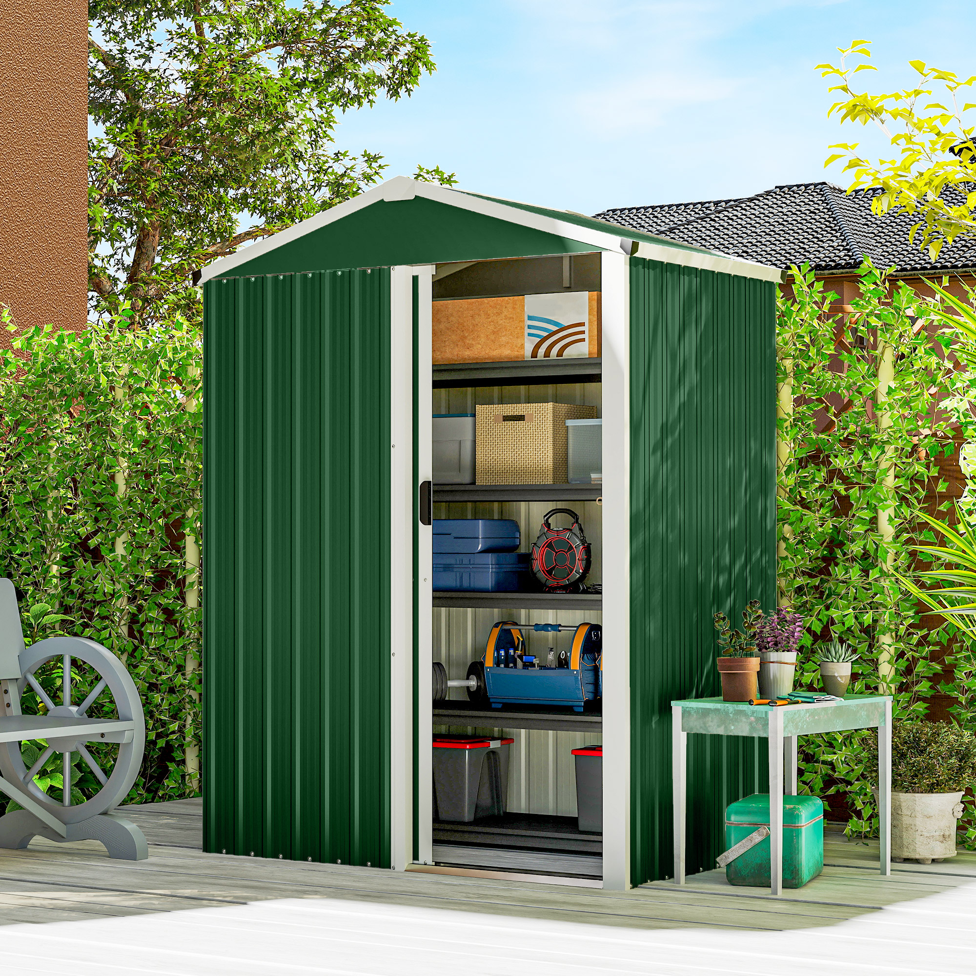 Una casetta da giardino in metallo verde con porte aperte, ripiani pieni di scatole portaoggetti e attrezzi.