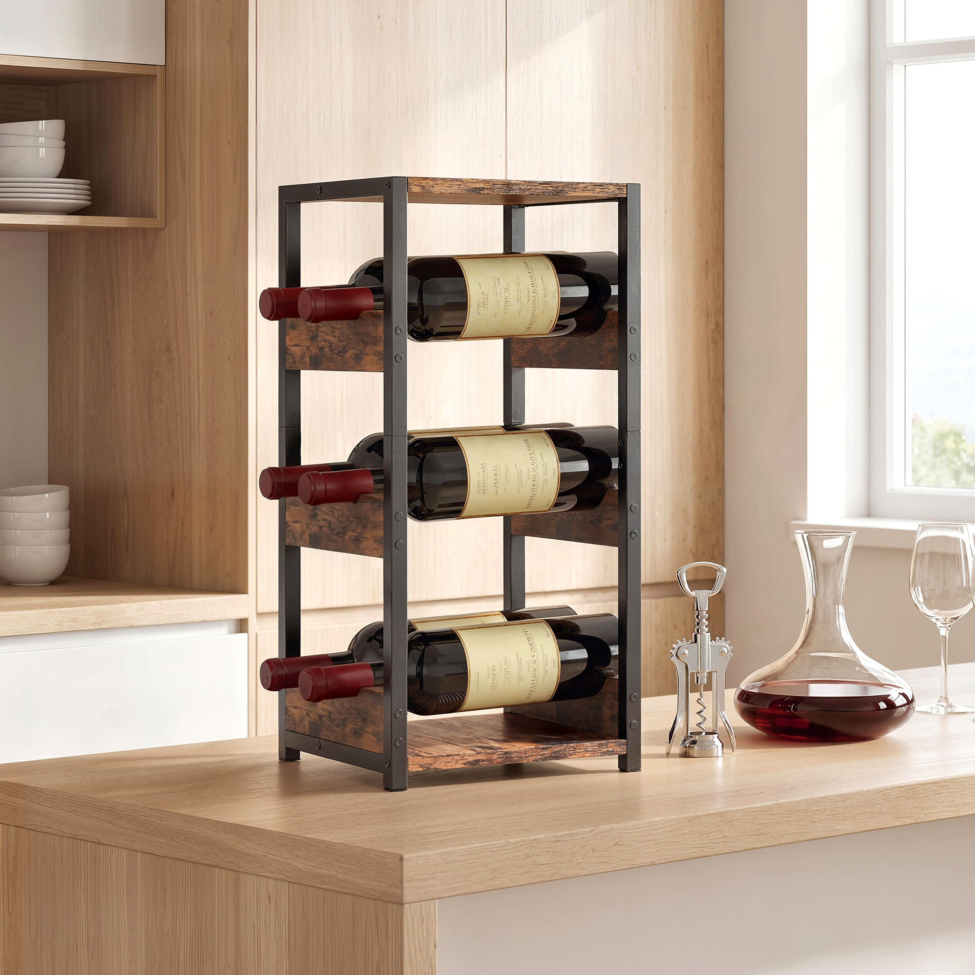 Un portabottiglie in legno e metallo con bottiglie di vino su un bancone da cucina, accanto a un decanter e bicchieri.