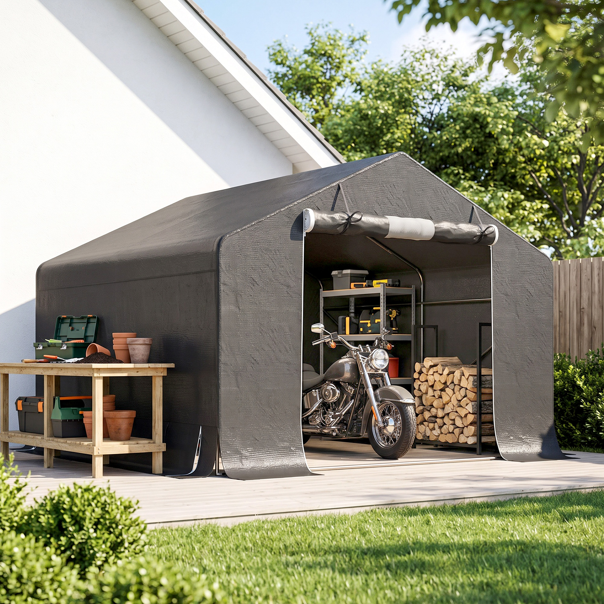 Una tenda grigia in giardino con moto, legna da ardere e banco da lavoro.