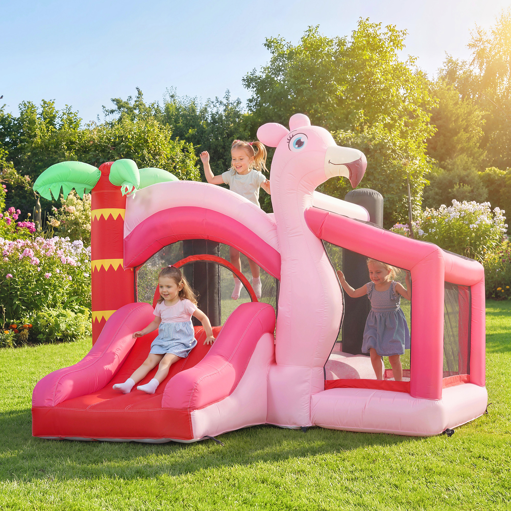 Tre bambine giocano su un castello gonfiabile rosa a tema fenicottero in un giardino verde e soleggiato.