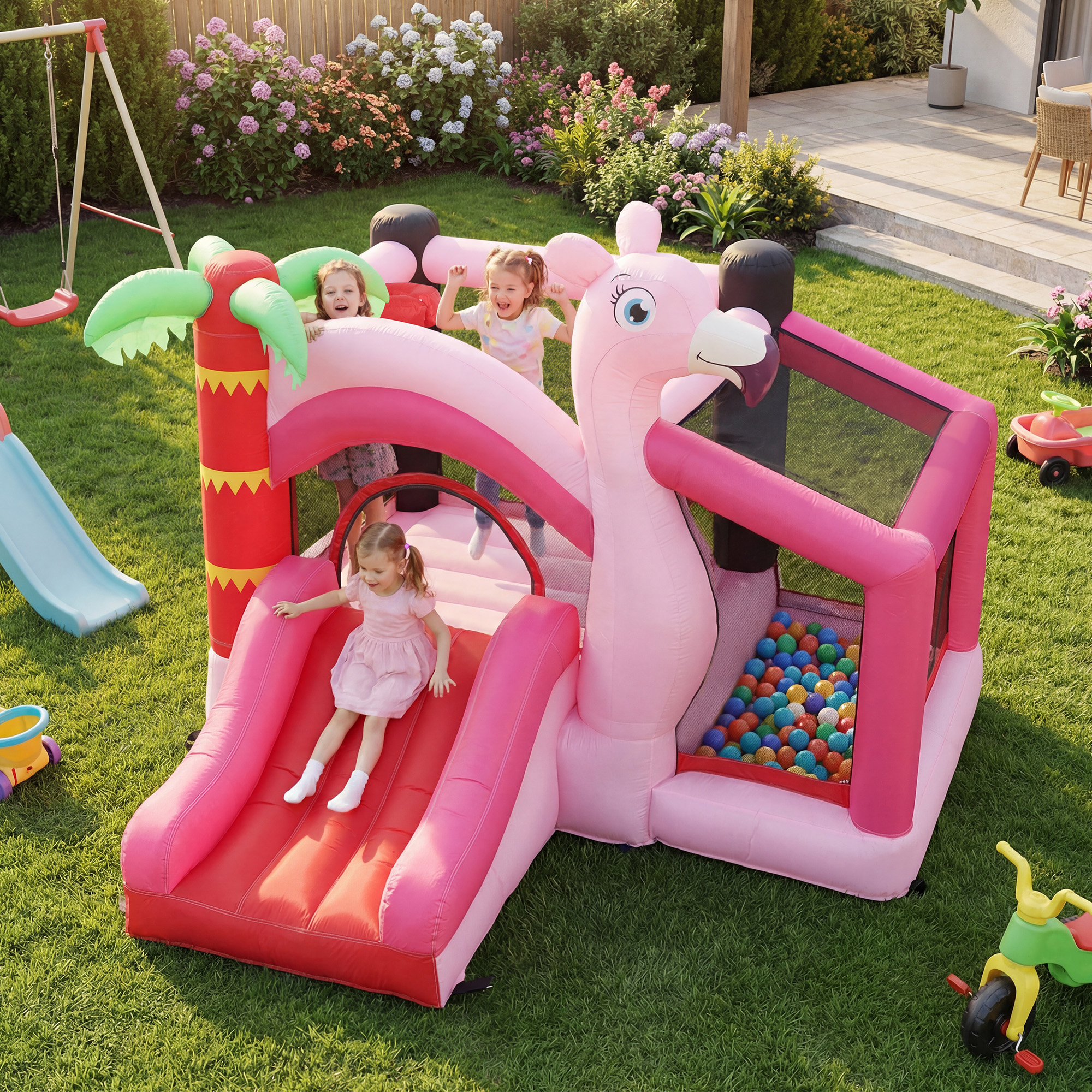 Tre bambini giocano su un castello gonfiabile rosa con scivolo e piscina di palline.