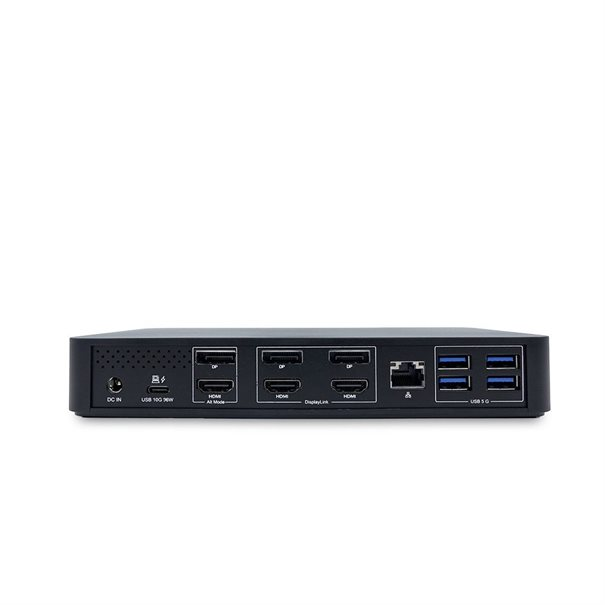 Rückansicht einer schwarzen Computer-Dockingstation mit verschiedenen Anschlüssen wie USB, HDMI, DisplayPort und Ethernet.