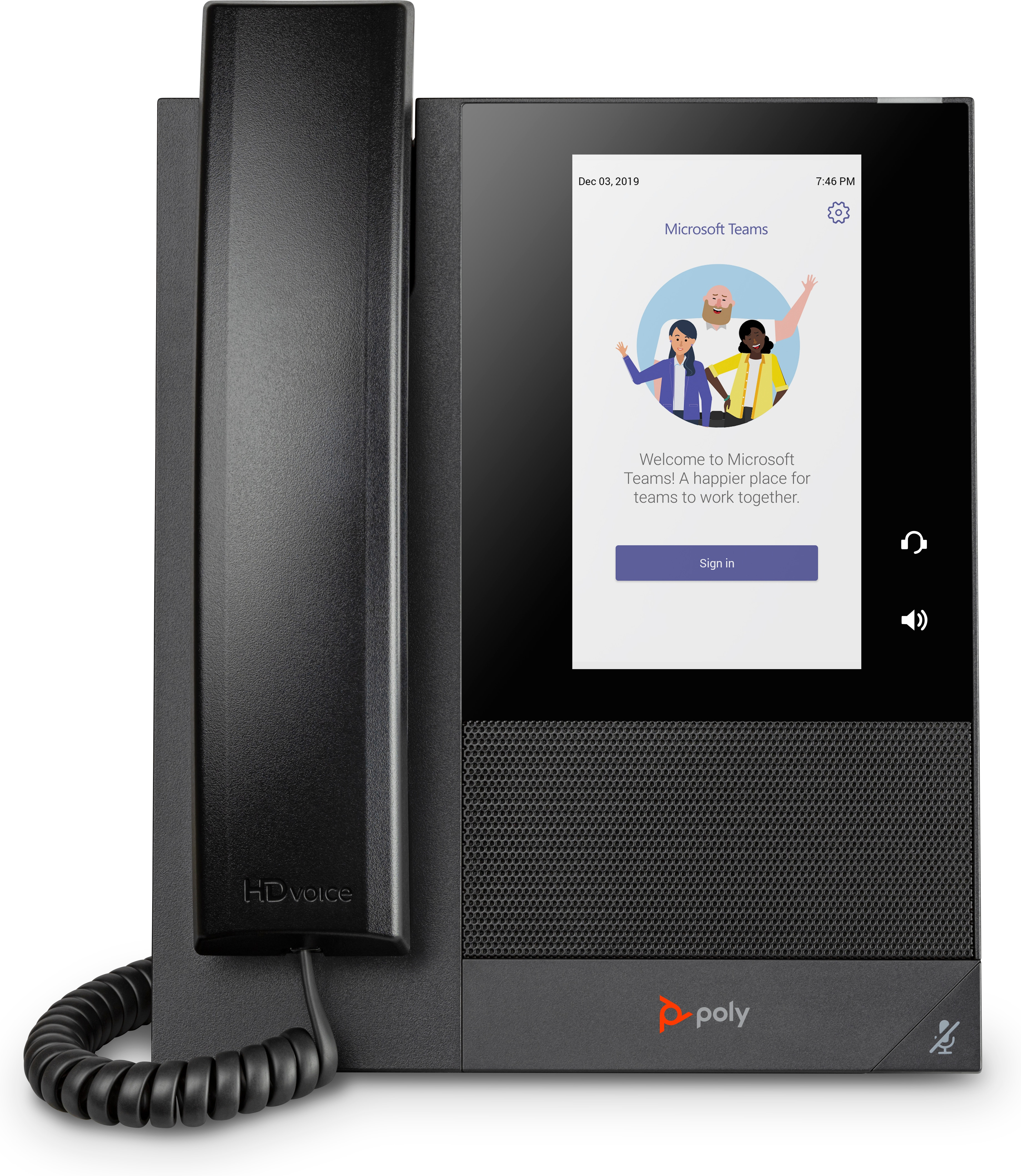 Schwarzes Poly IP-Telefon mit Touchscreen und Microsoft Teams-Anmeldung.