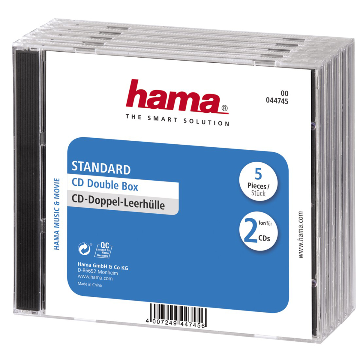 Stapel transparenter Hama CD-Doppelhüllen in Originalverpackung mit blau-weißem Etikett.