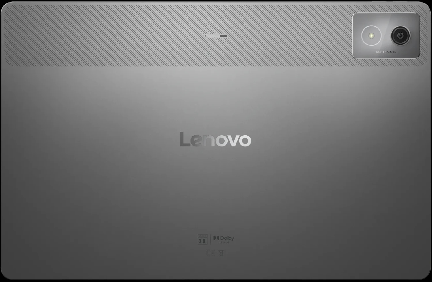 Die graue Rückseite eines Lenovo-Tablets mit Kamera oben rechts und JBL-Logo.