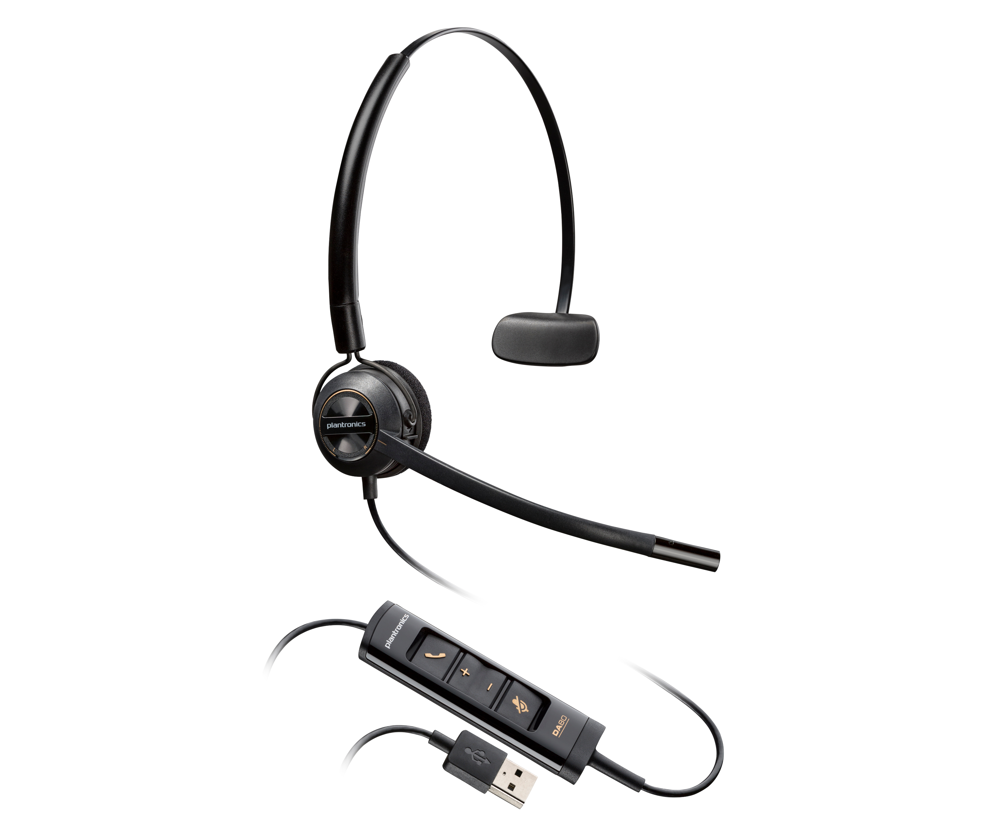 Un auricular USB monoaural Plantronics negro con micrófono de brazo flexible y unidad de control de llamadas.