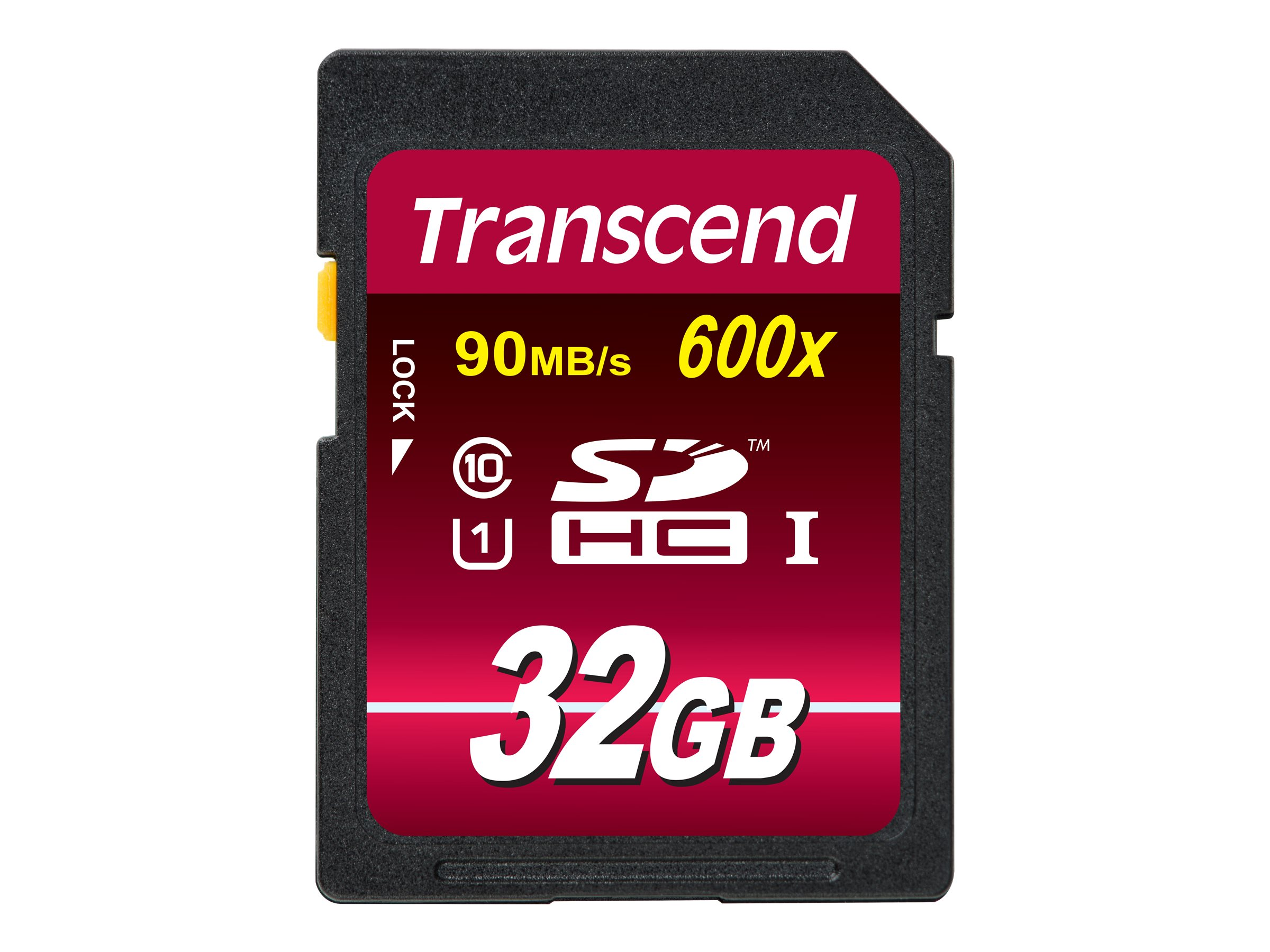 Una scheda di memoria SDHC Transcend da 32 GB nera e rossa con testo bianco e un interruttore giallo.