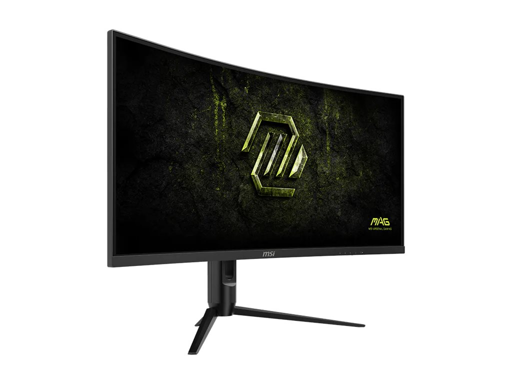 Un monitor da gioco MSI curvo nero su un supporto a treppiede mostra uno sfondo verde.