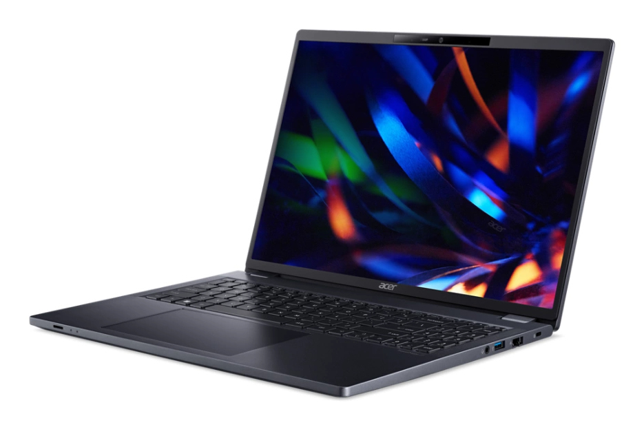 Un laptop Acer grigio scuro aperto su sfondo bianco, con uno sfondo astratto e colorato sullo schermo.