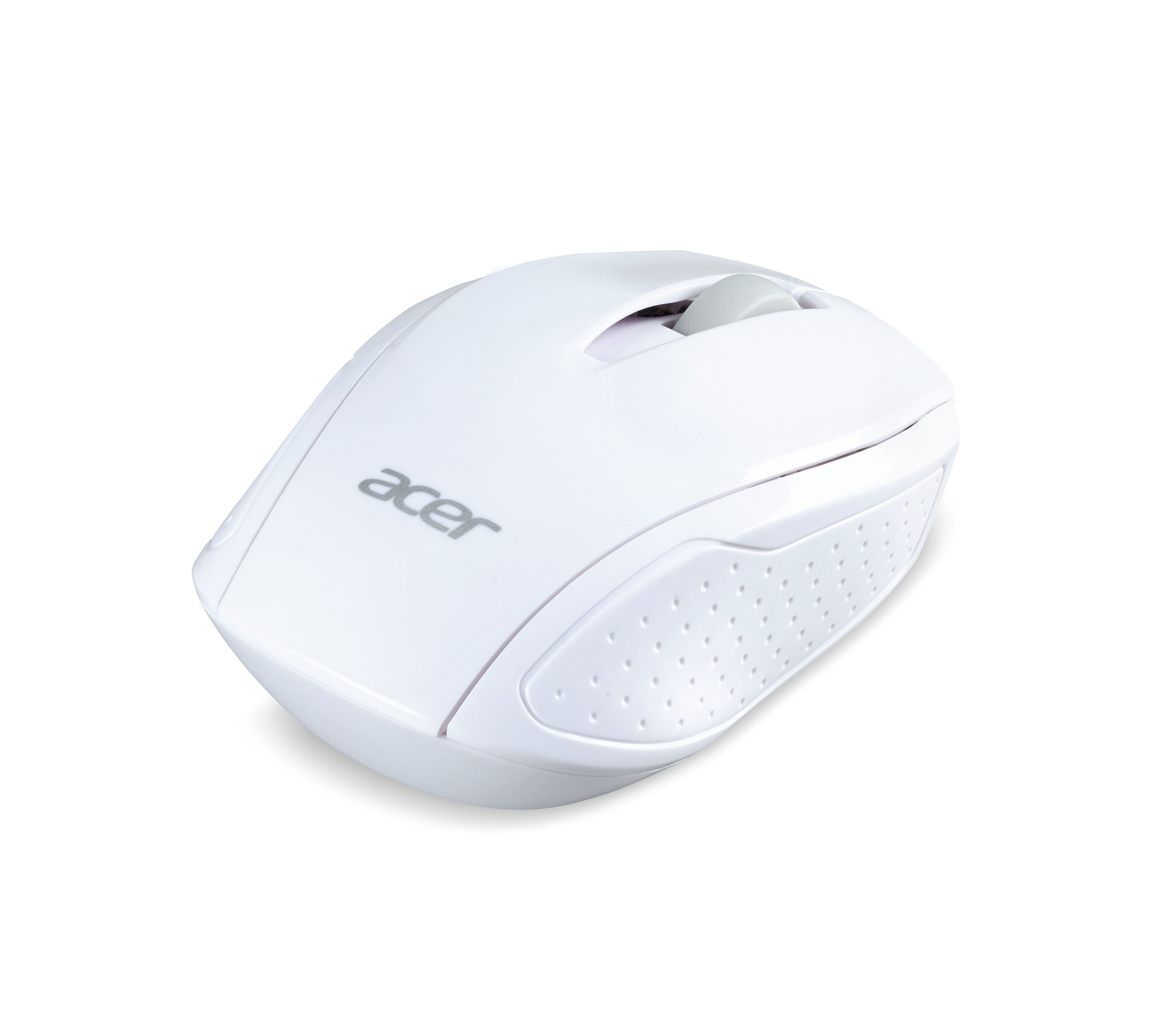 Un mouse per computer Acer bianco con rotella di scorrimento grigia su sfondo bianco.